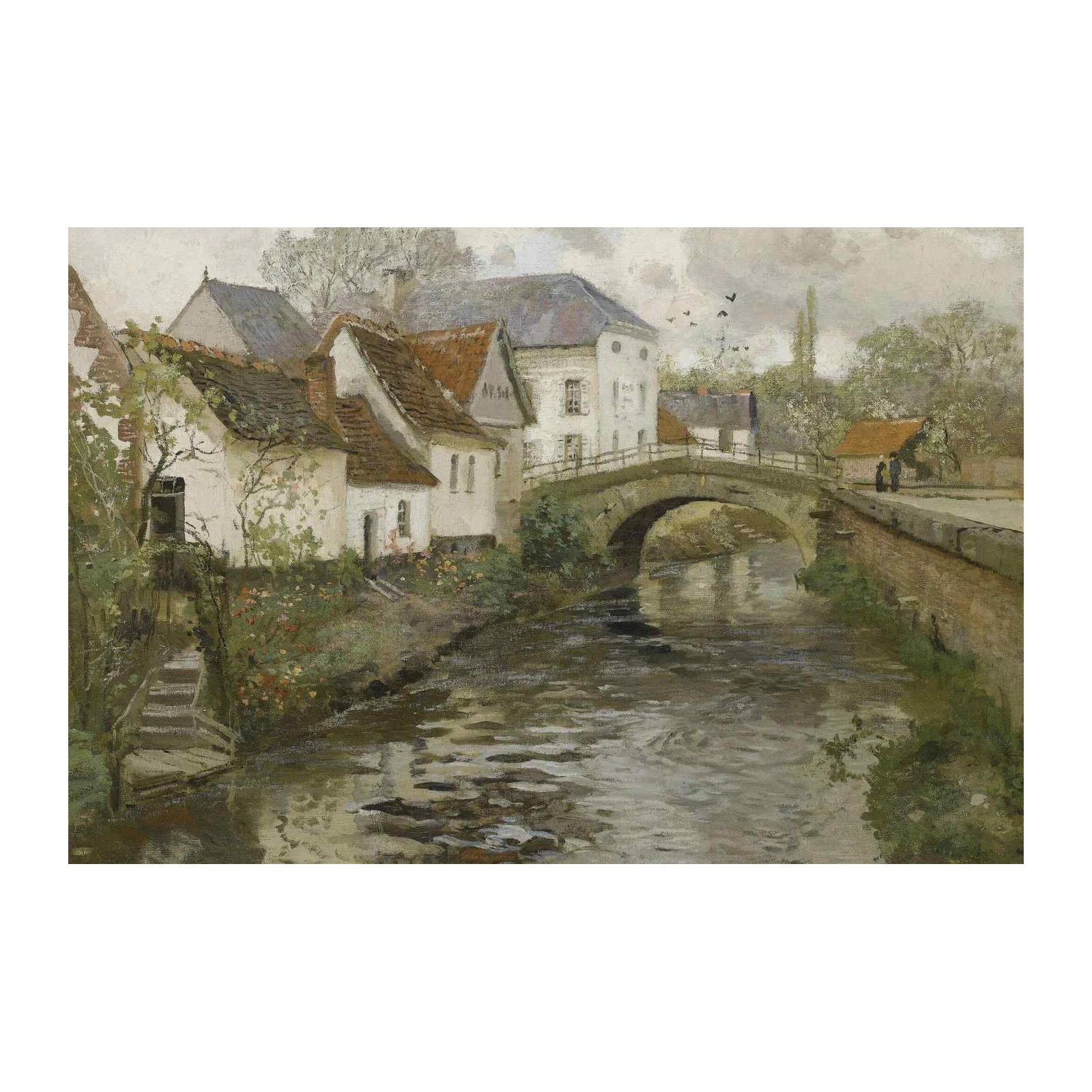Tranquil Bridge Village Scene Wall Art