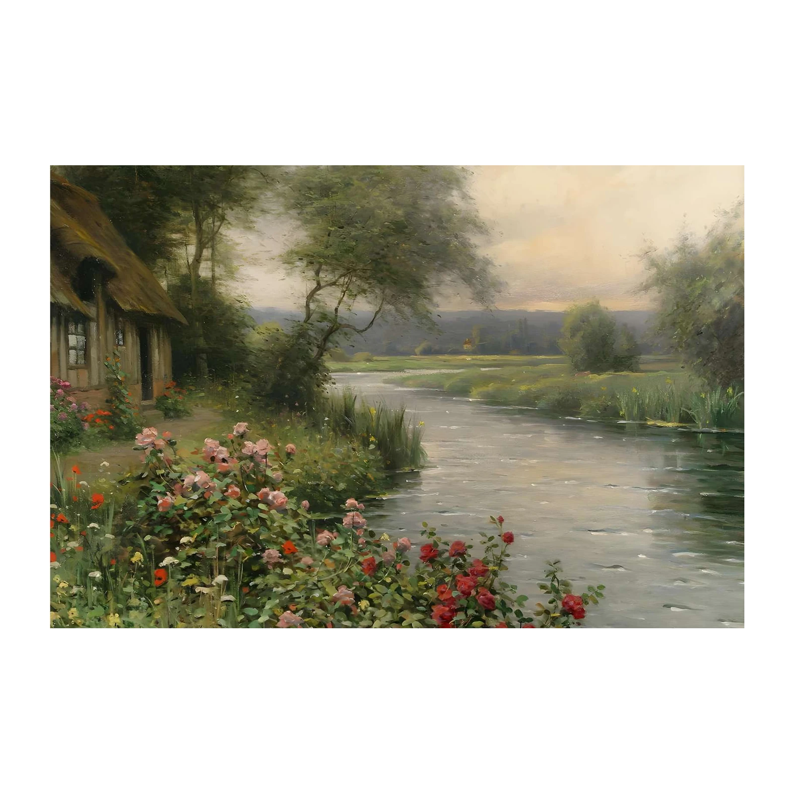 Serene Riverside Cottage & Roses Wall Art