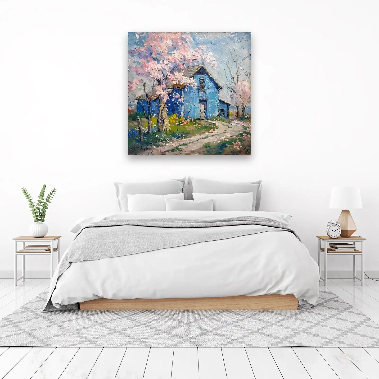 Vibrant Blue House Cherry Blossom Wall Art
