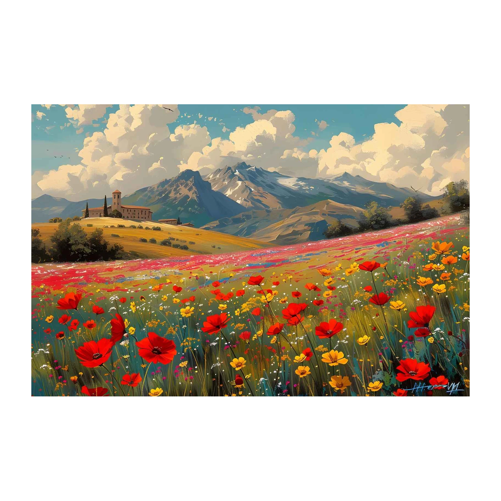 Tuscan Poppy Field & Mountains Wall Art