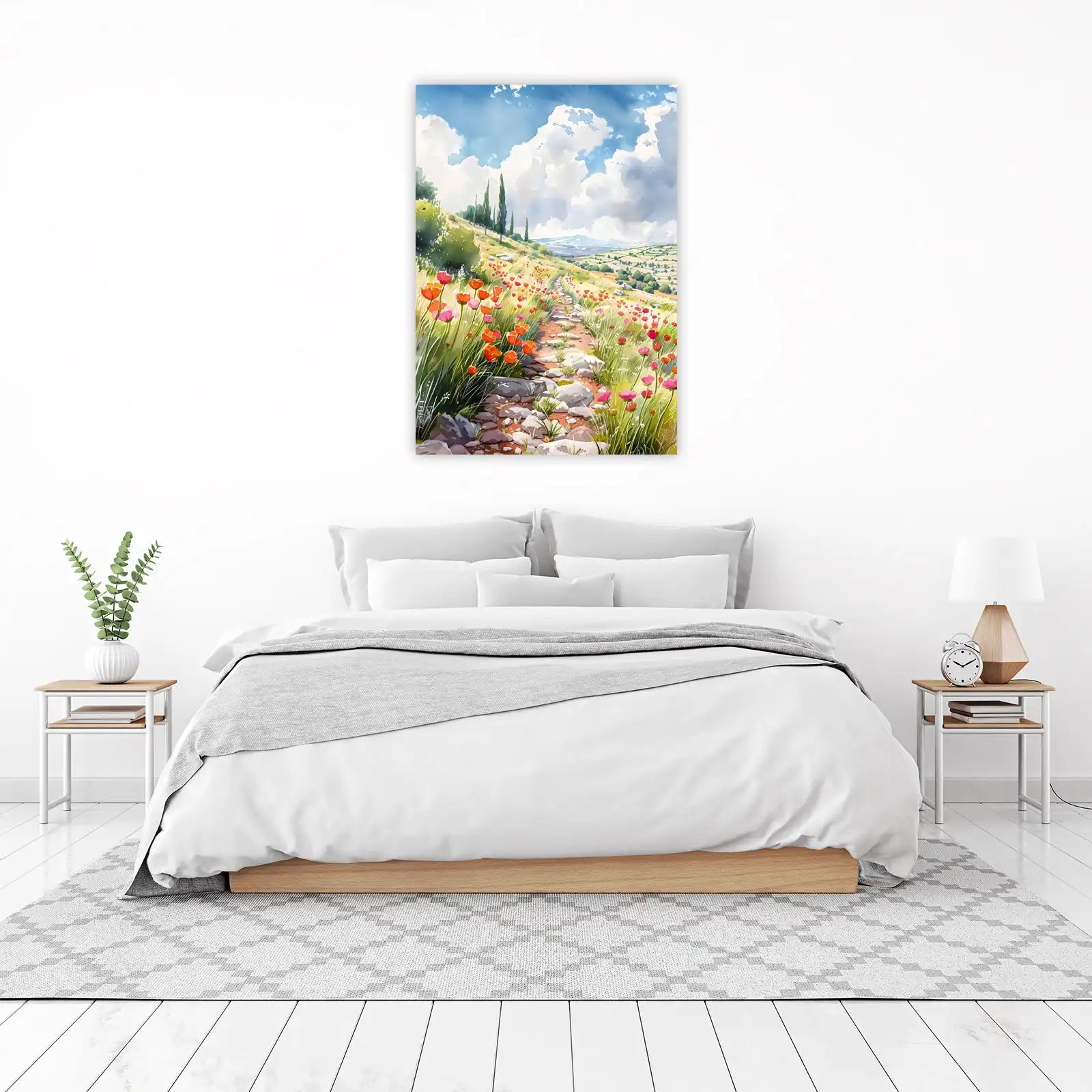 Vibrant Poppy Field Path Watercolor Wall Art