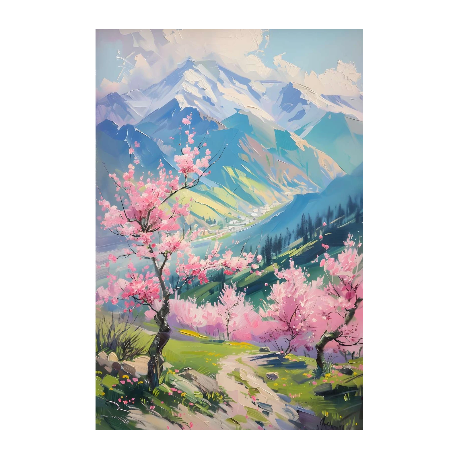 Vibrant Cherry Blossom Mountain Landscape Wall Art