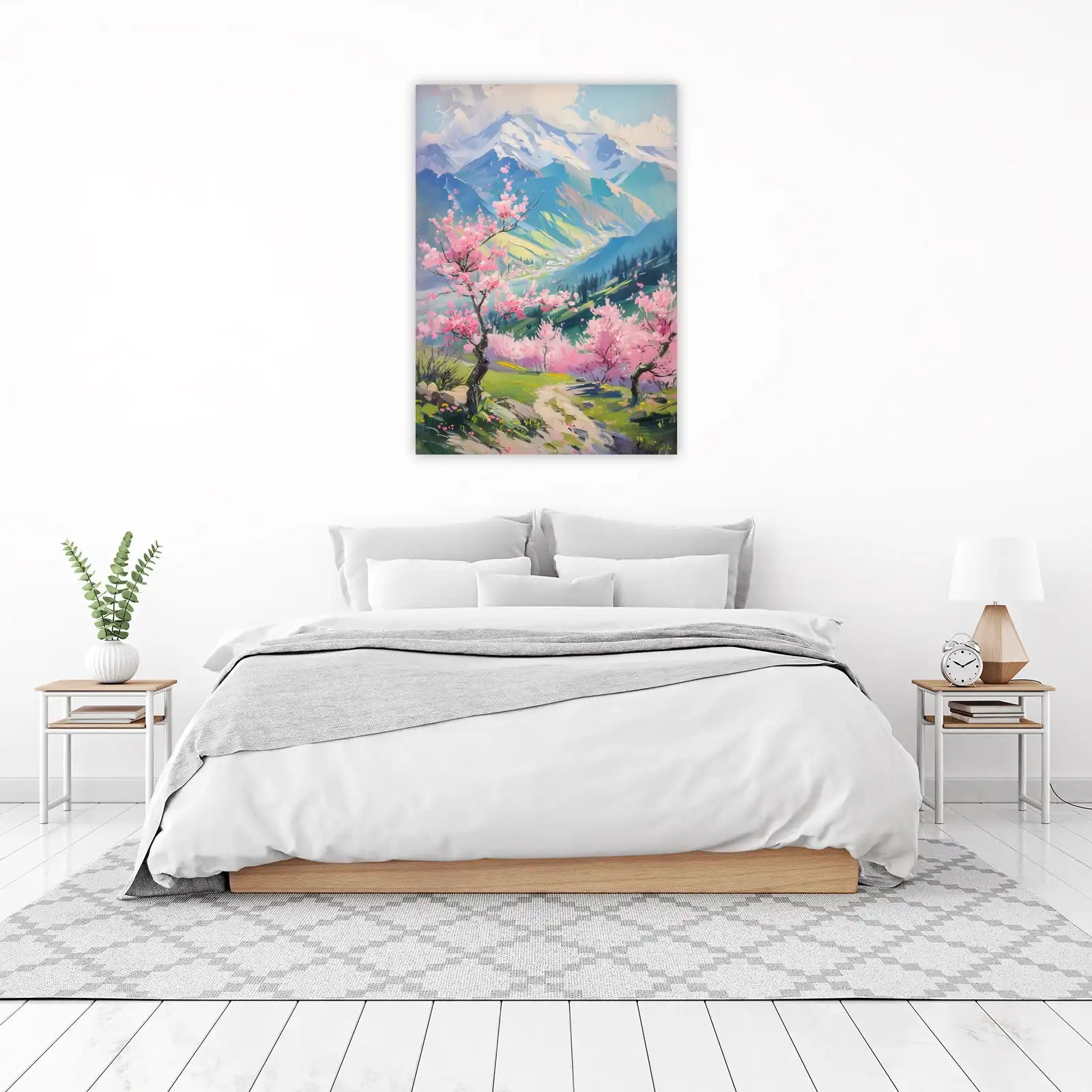 Vibrant Cherry Blossom Mountain Landscape Wall Art