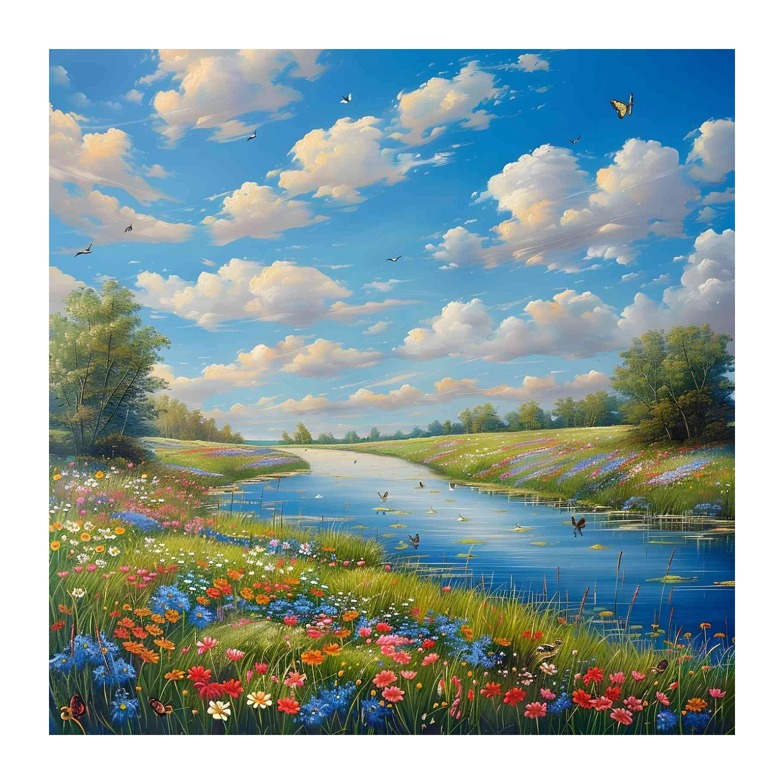 Serene River Meadow Floral Landscape Wall Art