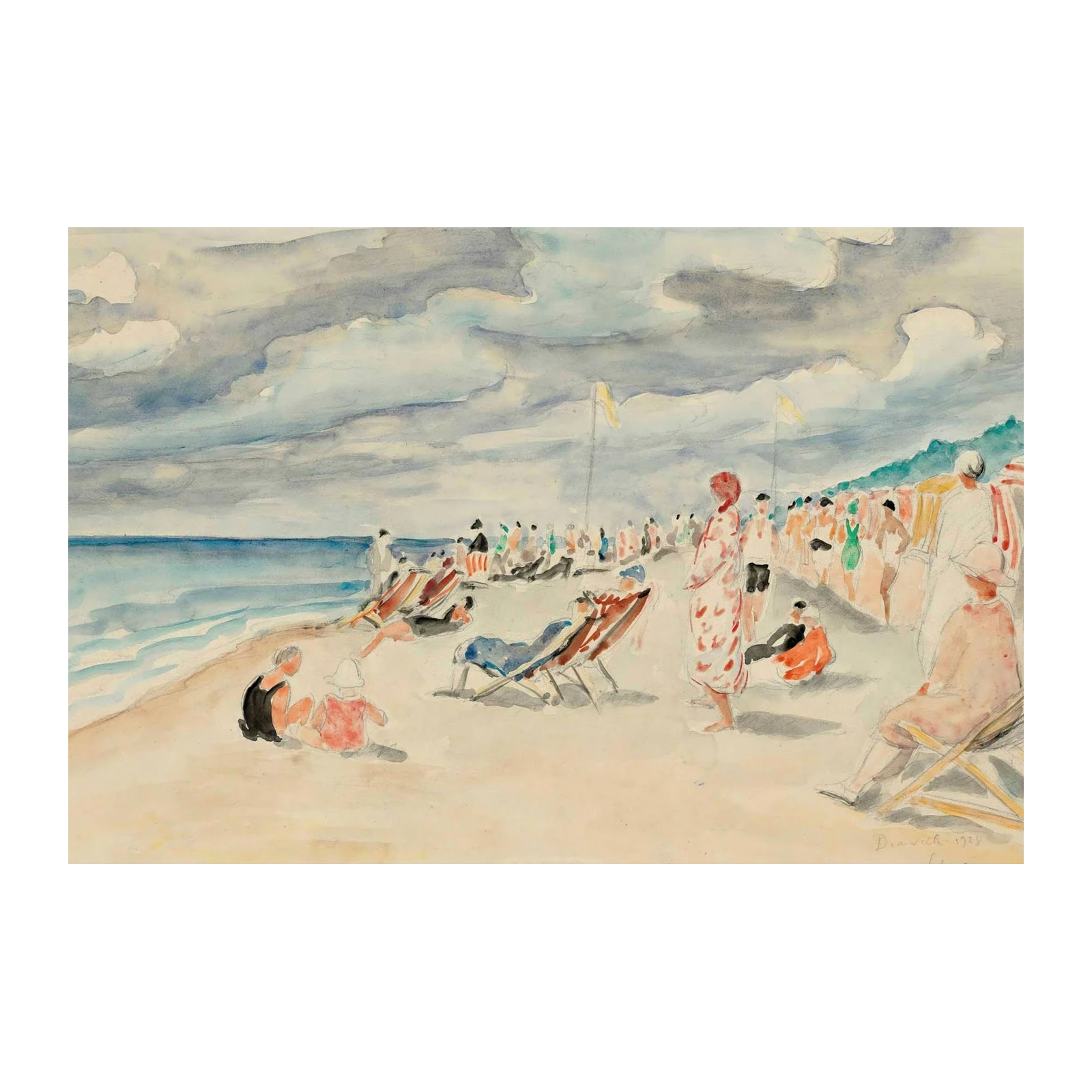 Vintage Beach Scene Watercolor Wall Art