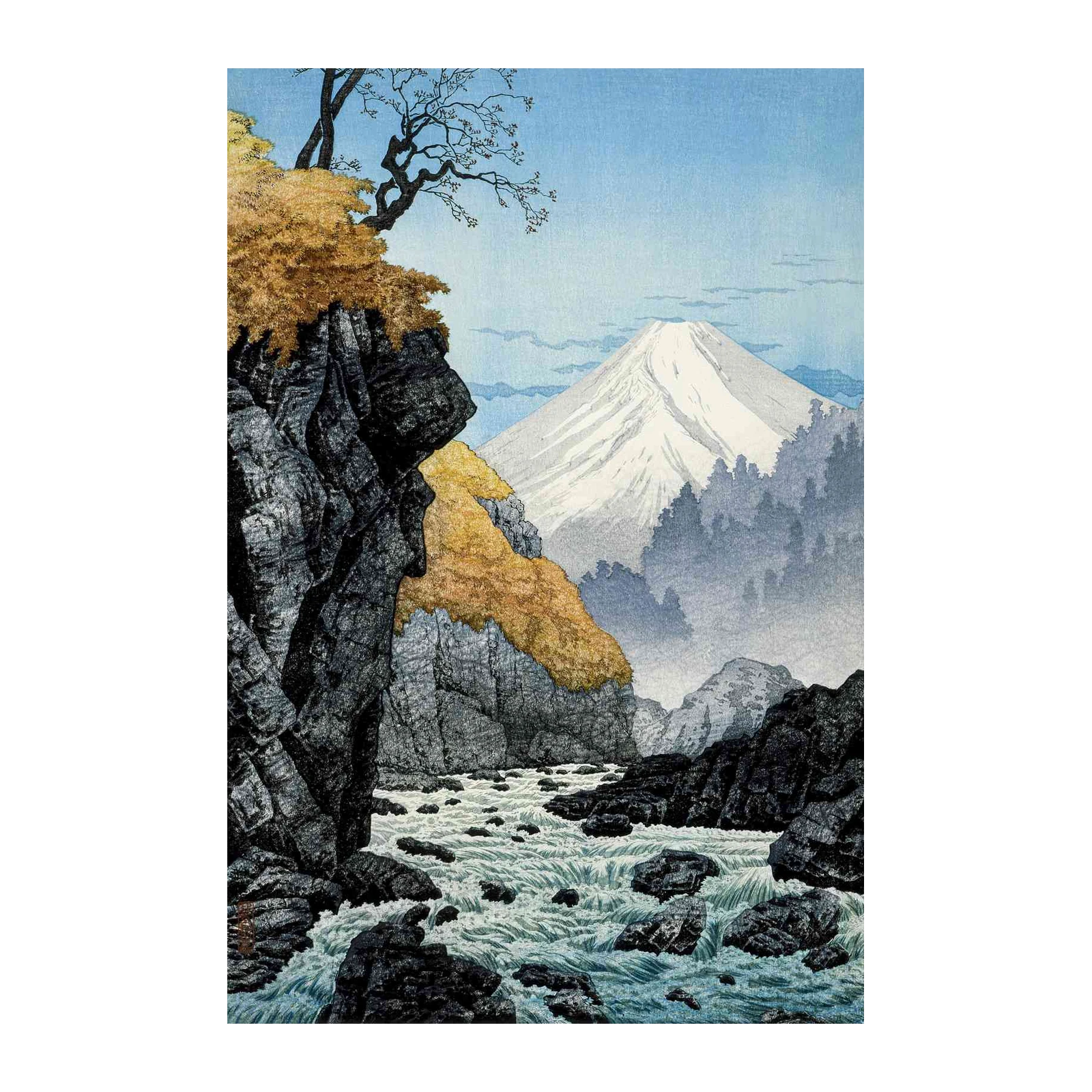 Majestic Fuji River Rocks & Autumn Leaves Wall Art