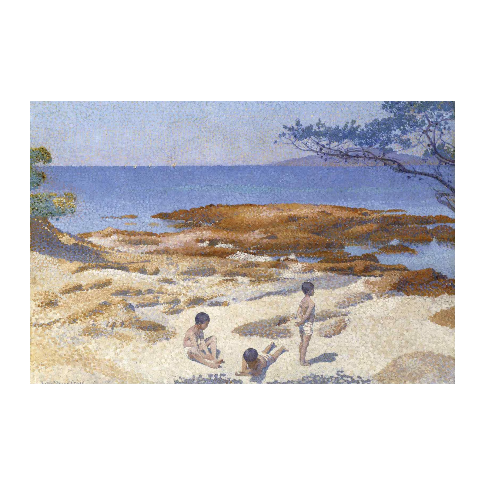 Coastal Scene with Children Pointillist Wall Art
