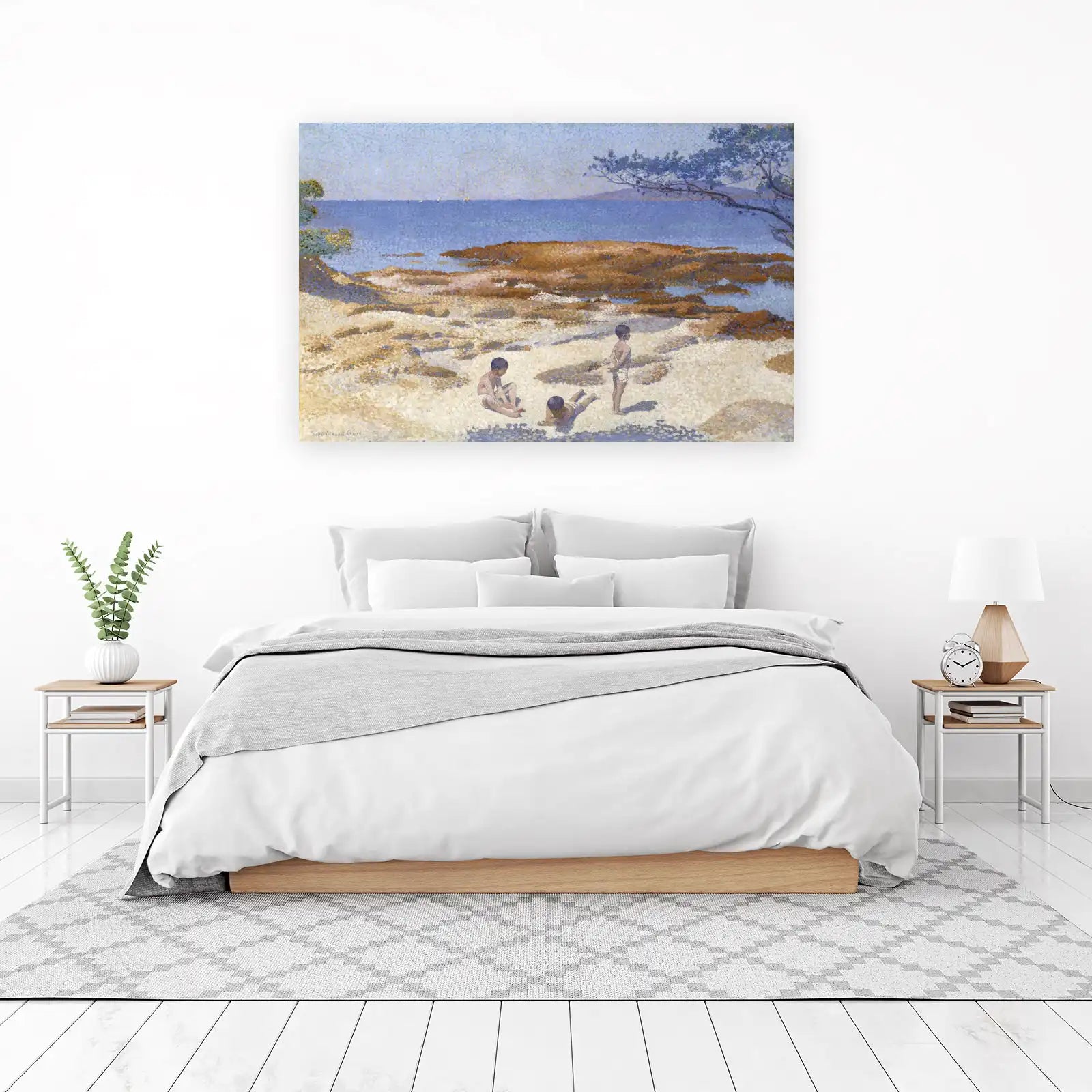 Coastal Scene with Children Pointillist Wall Art
