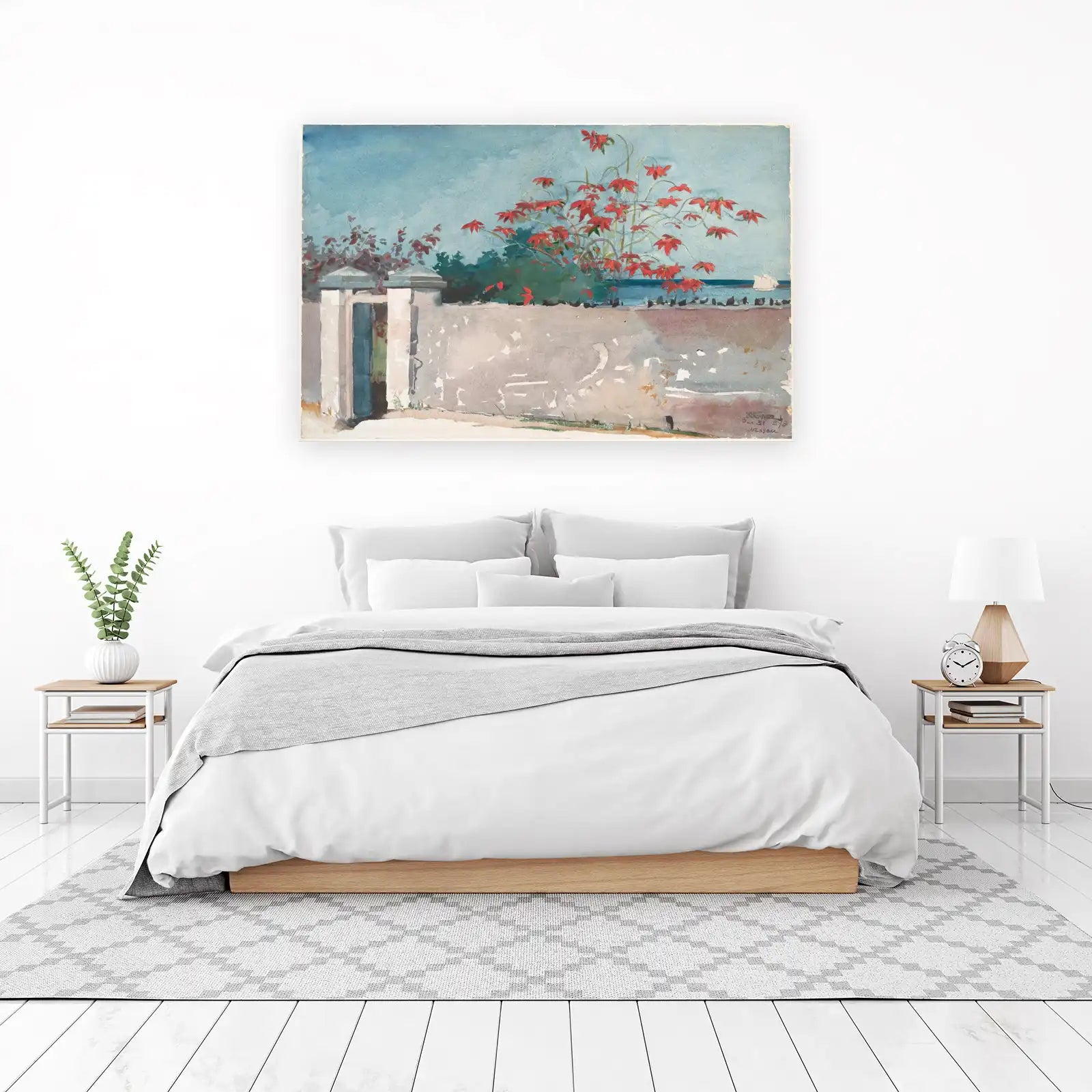 Vibrant Red Flowers Coastal Scene Wall Art