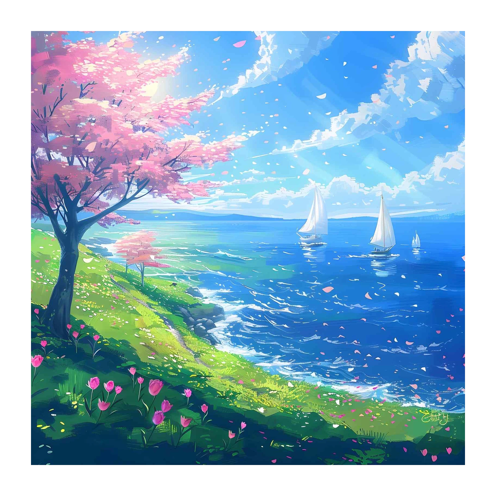 Serene Sakura Sailboat Landscape Wall Art