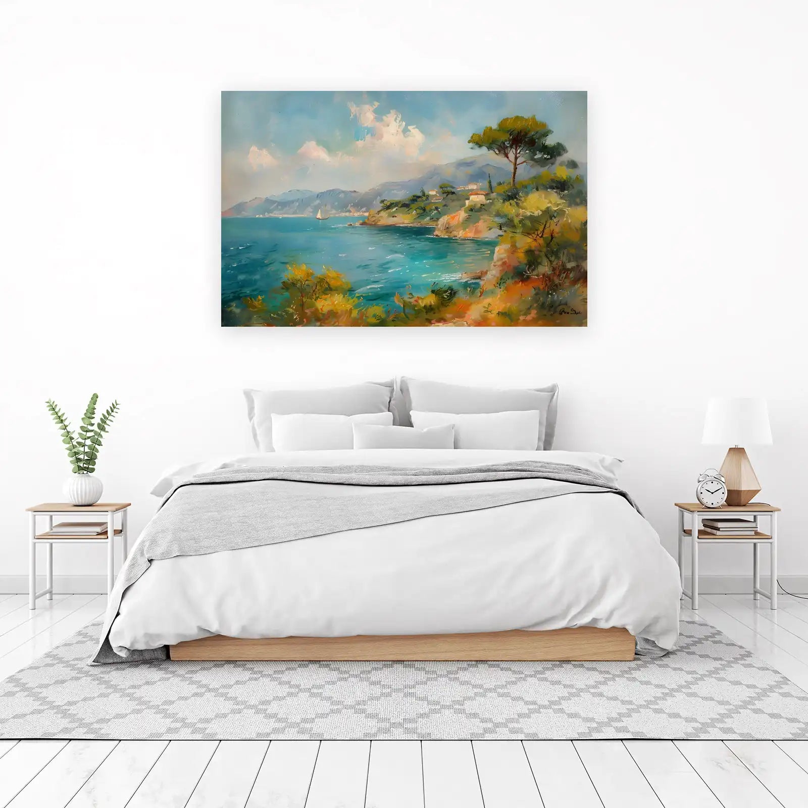 Serene Seaside Village Sailboat Wall Art