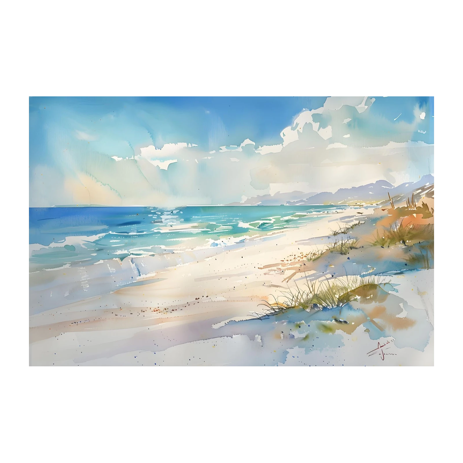 Serene Beach Landscape Watercolor Wall Art