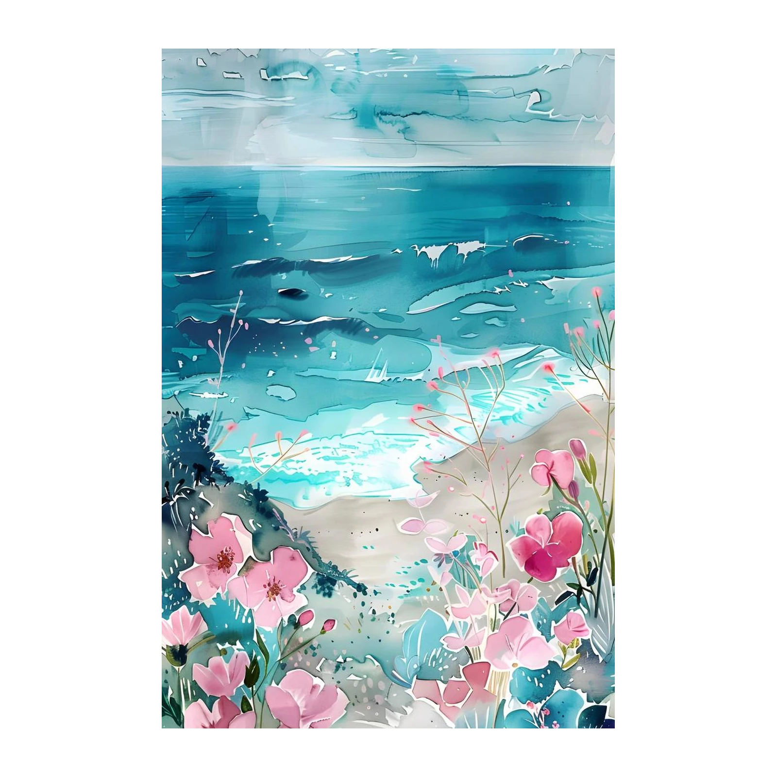 Serene Coastal Bloom Watercolor Wall Art