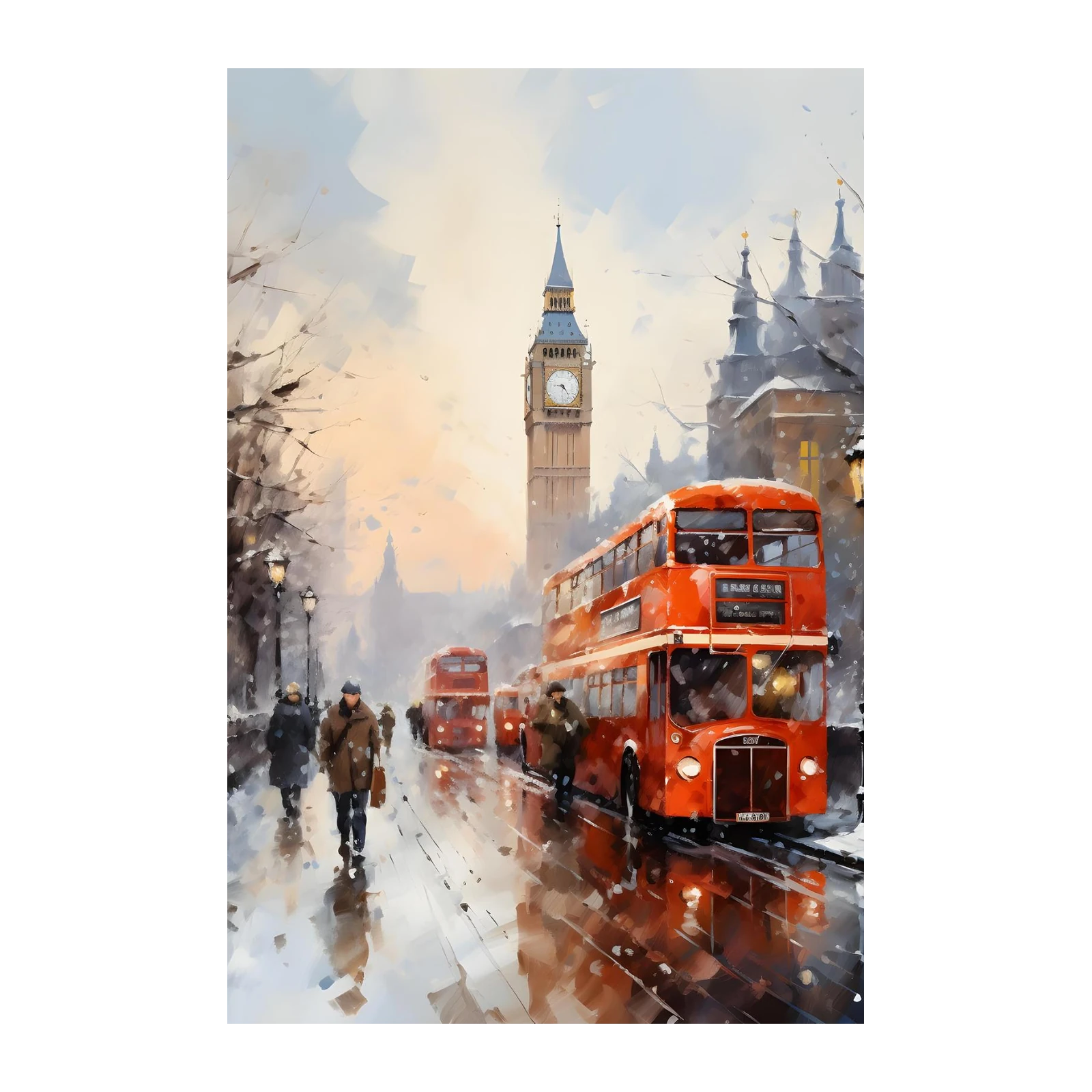 Winter London Scene Big Ben Red Bus Wall Art