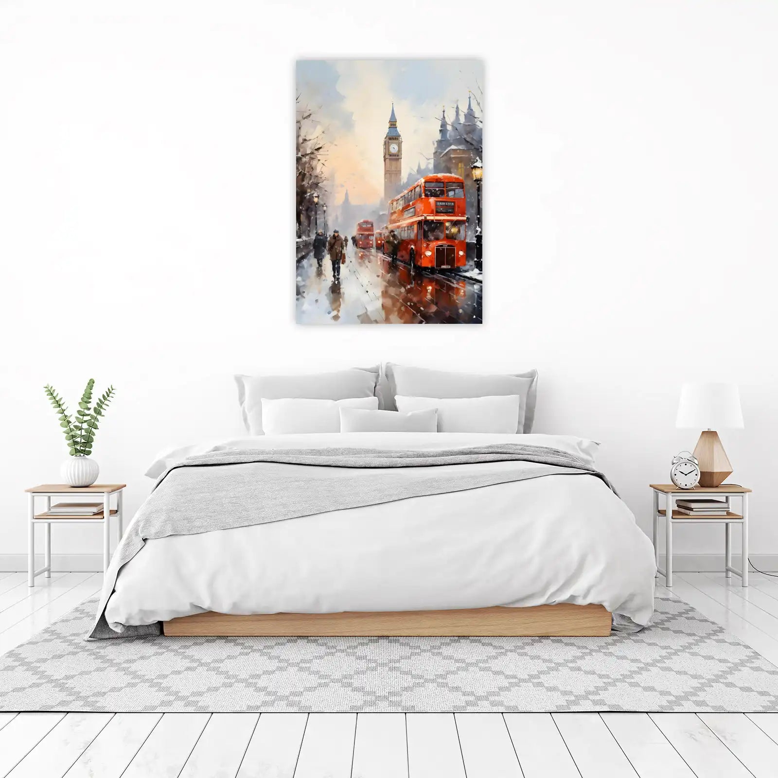 Winter London Scene Big Ben Red Bus Wall Art