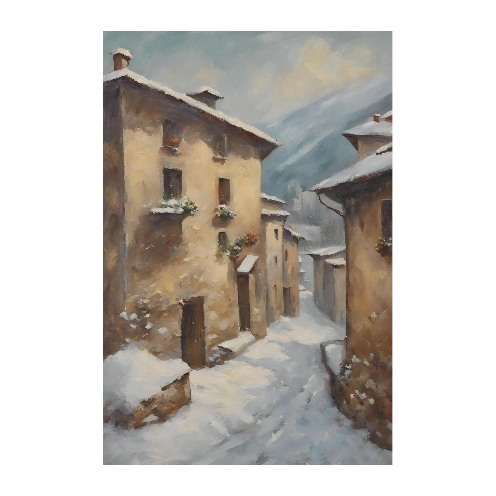 Cozy Winter Village Street Scene Wall Art