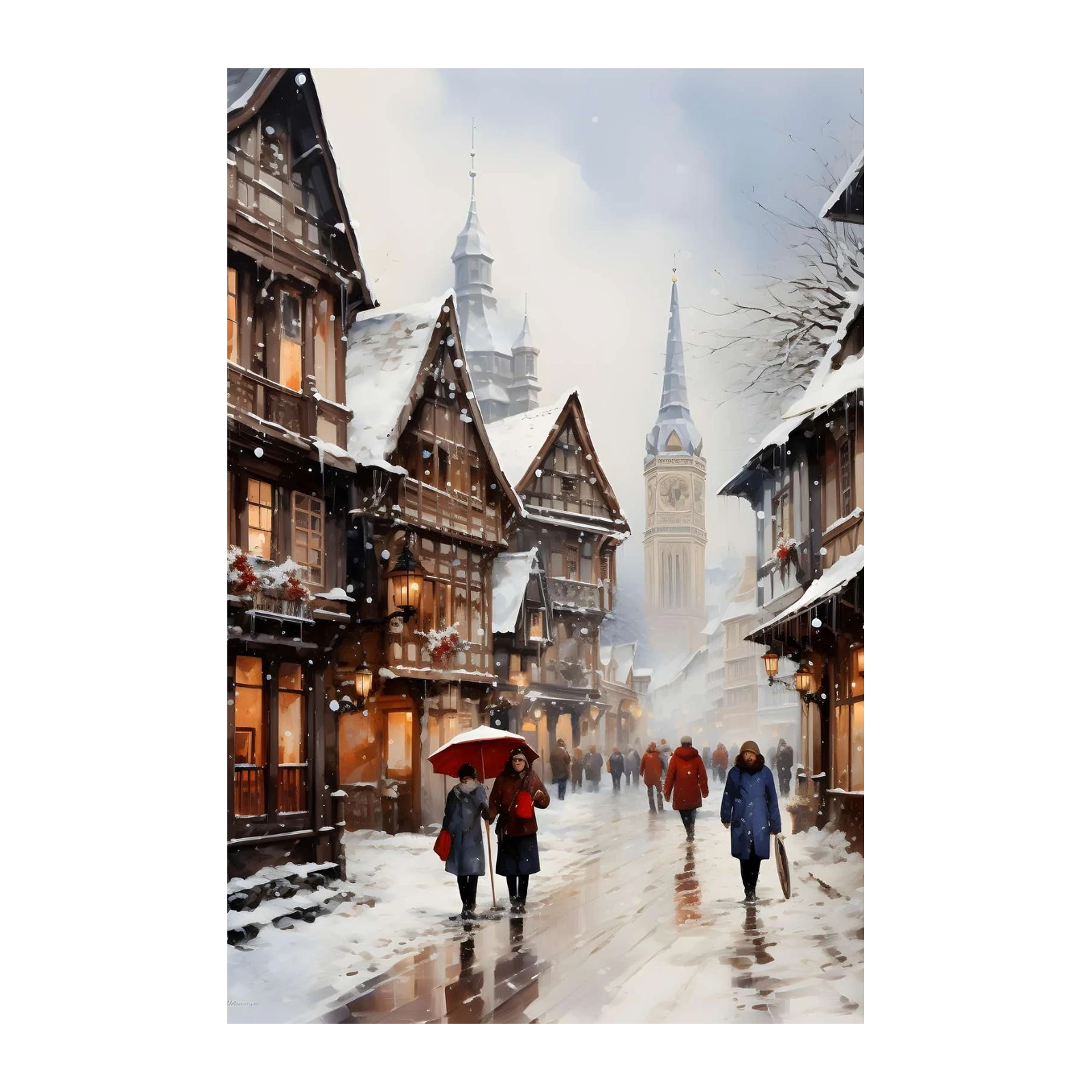 Cozy Winter Village Street Scene Wall Art