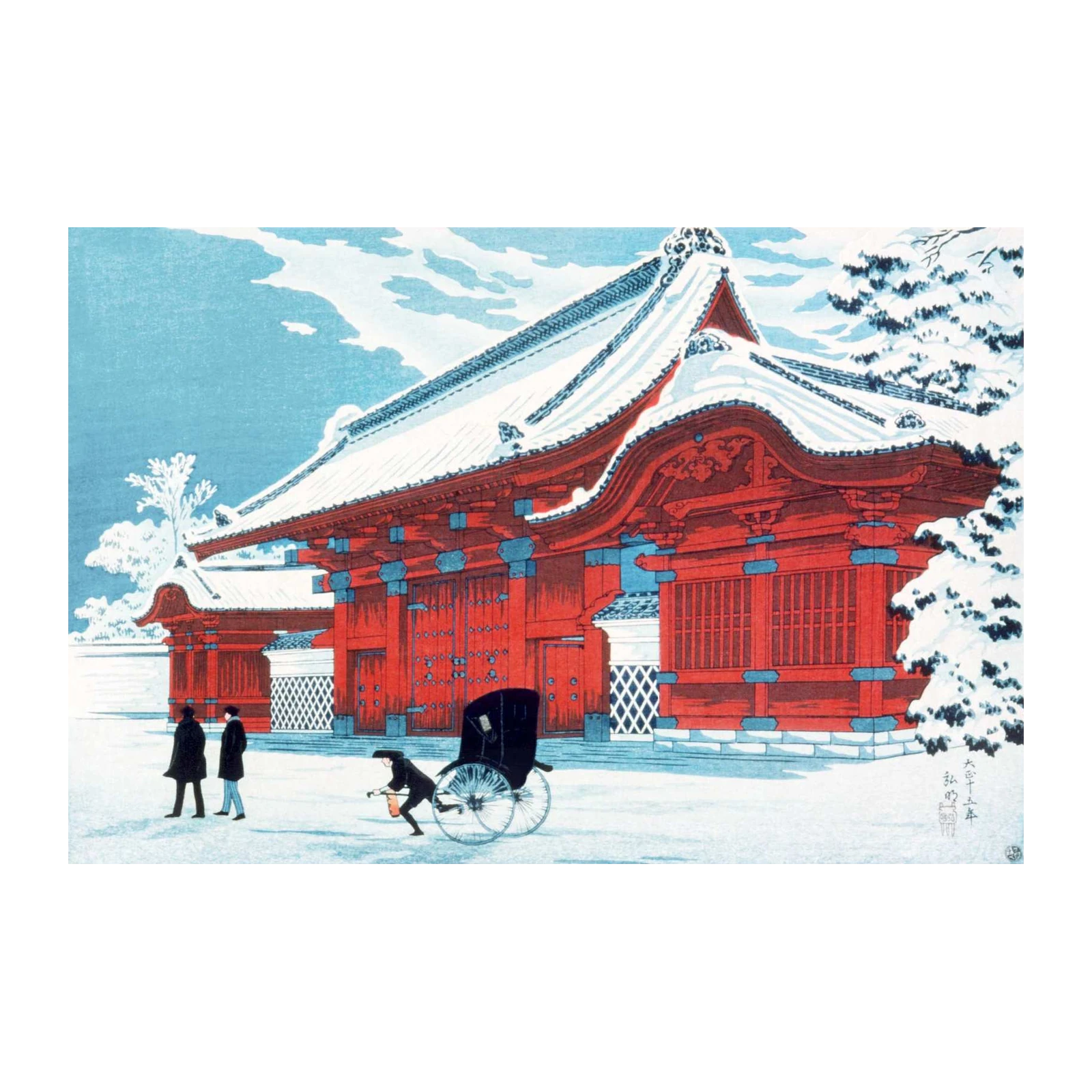 Vibrant Red Temple Snow Scene Wall Art