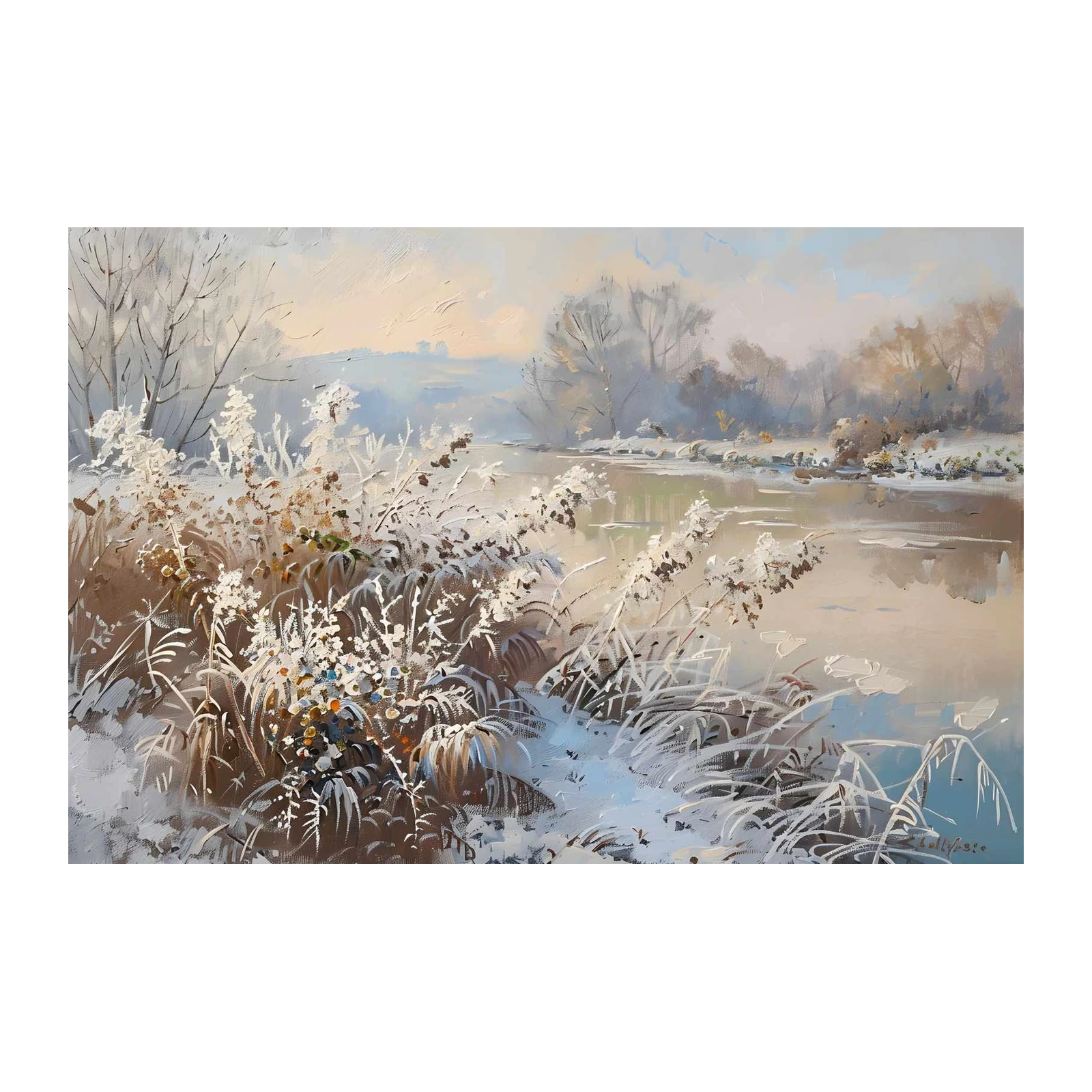 Frosty River Landscape Oil Painting Wall Art
