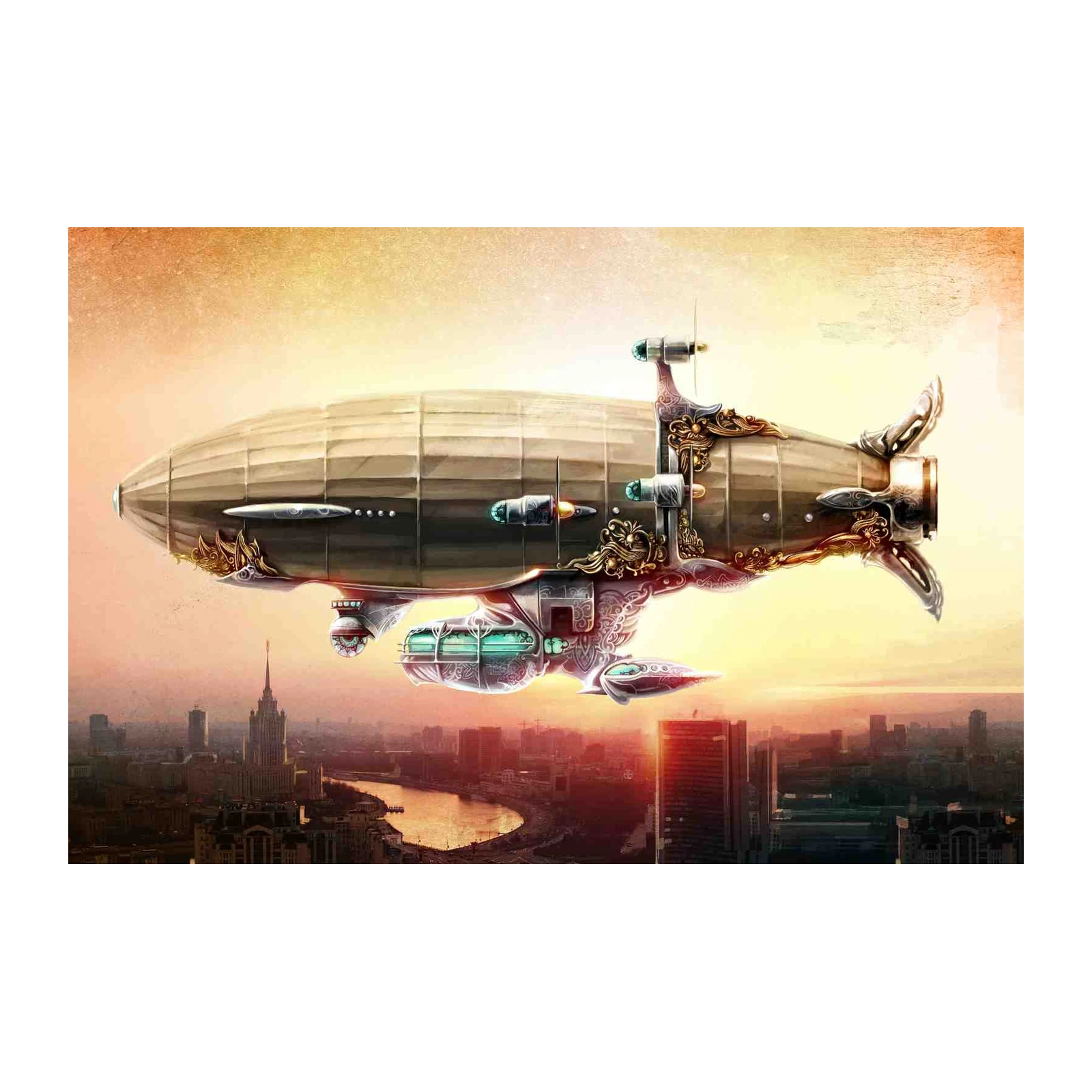 Steampunk Airship Over City Wall Art