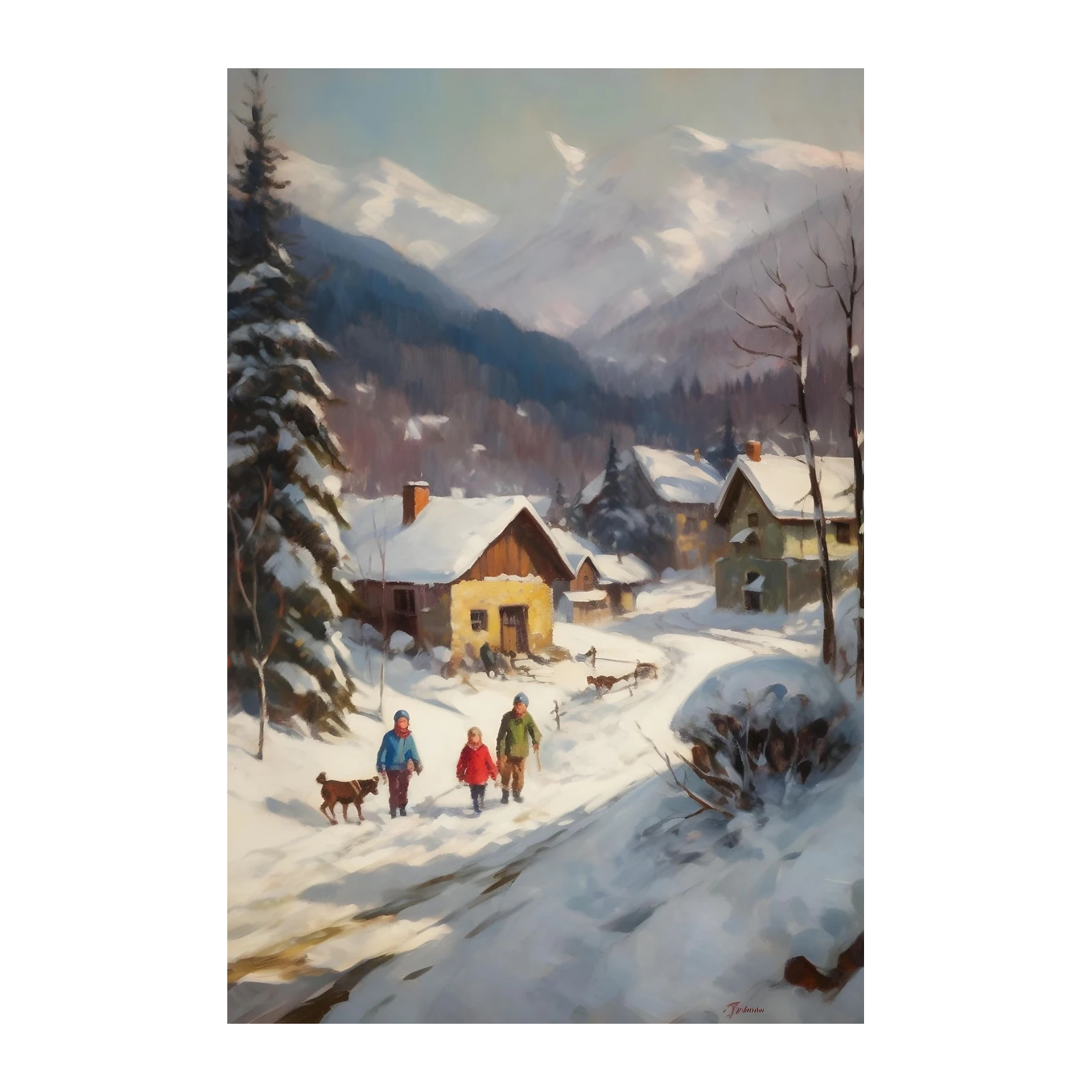 Cozy Winter Village Family Walk Wall Art