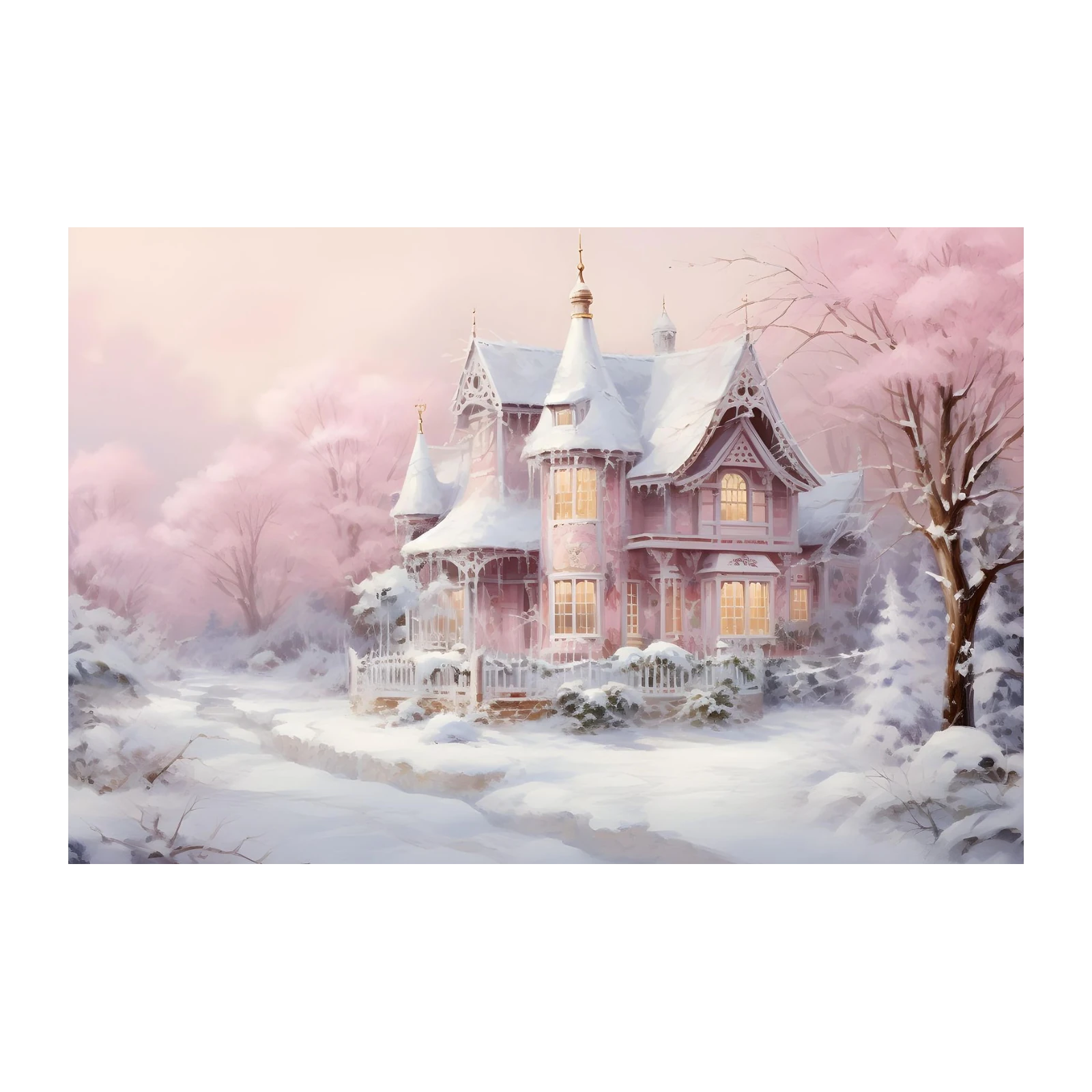 Enchanting Pink Winter Cottage Wall Art