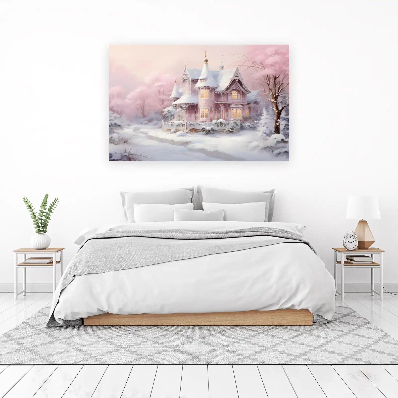Enchanting Pink Winter Cottage Wall Art