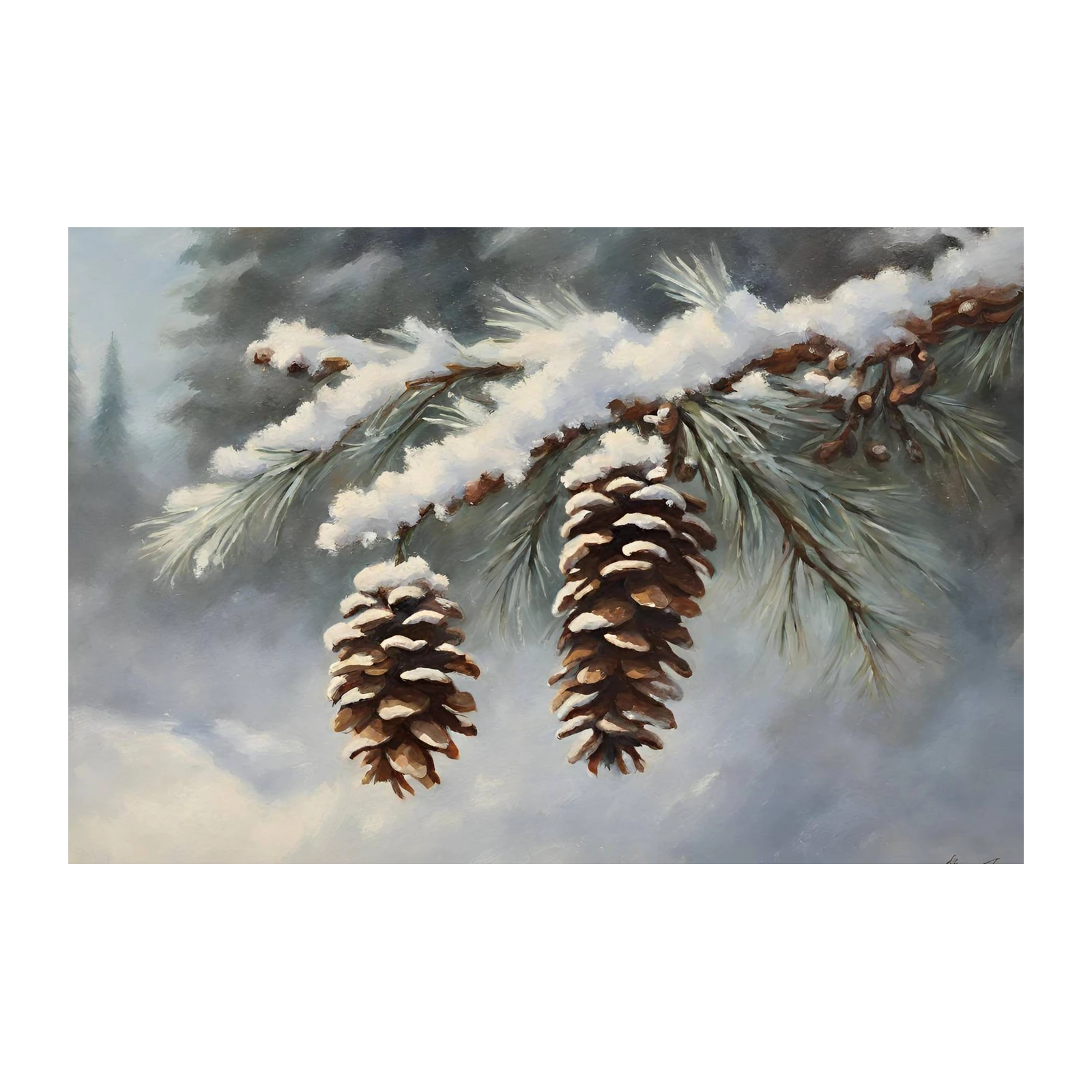 Winter Pine Cone Snow Wall Art - Cozy Nature Art