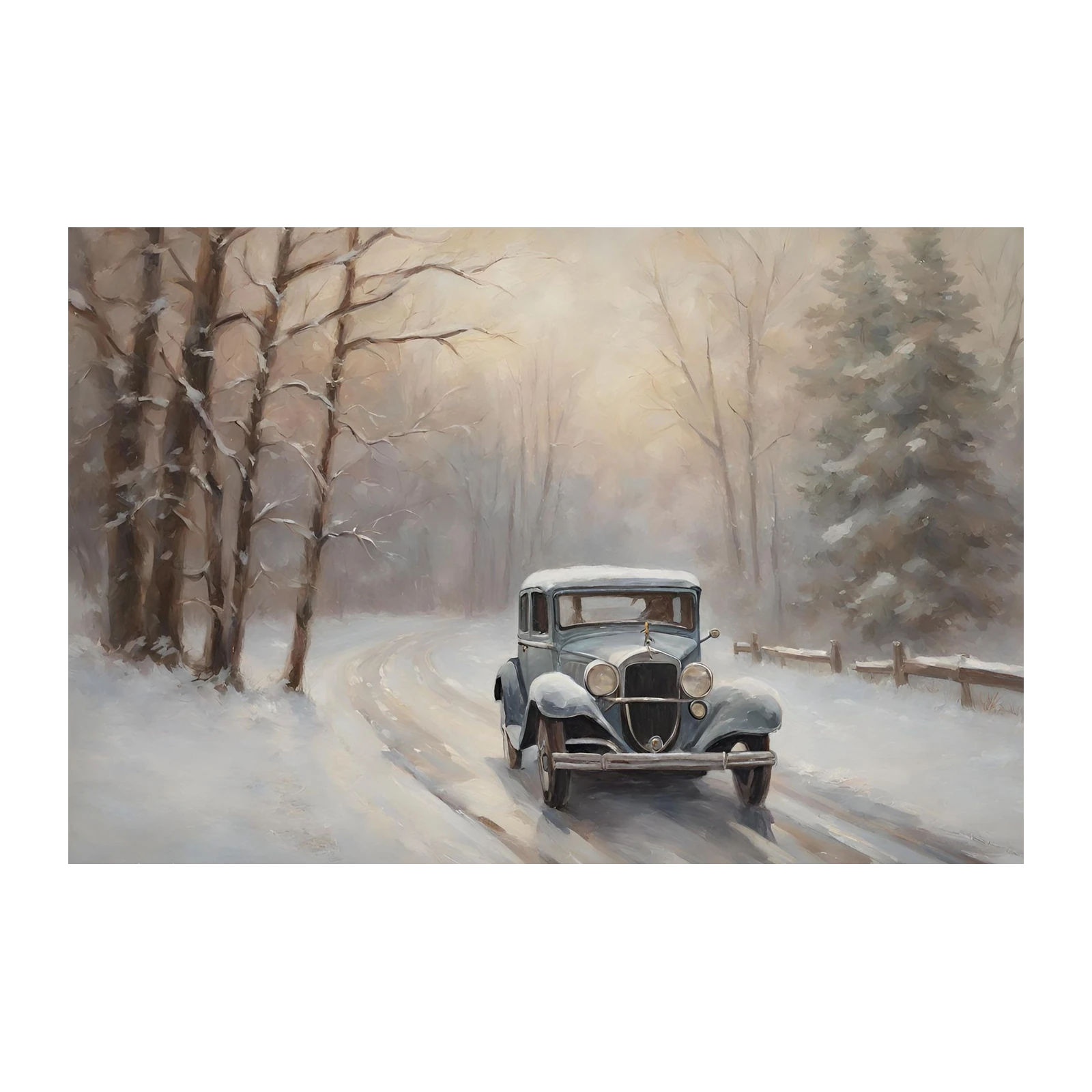 Vintage Winter Drive Classic Car Wall Art
