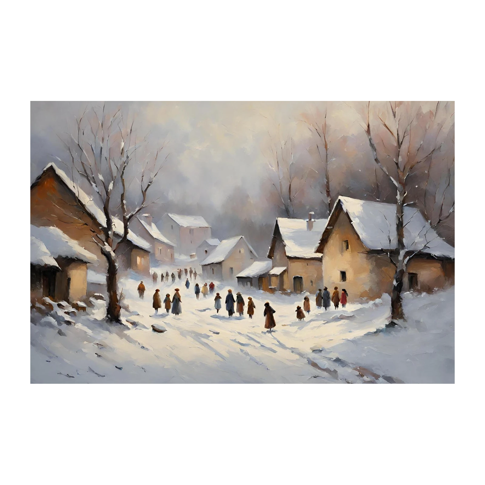 Winter Village Scene Oil Painting Wall Art