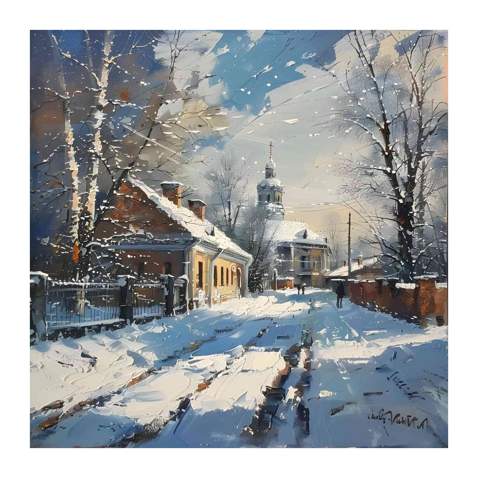 Serene Winter Village Church & Houses Wall Art