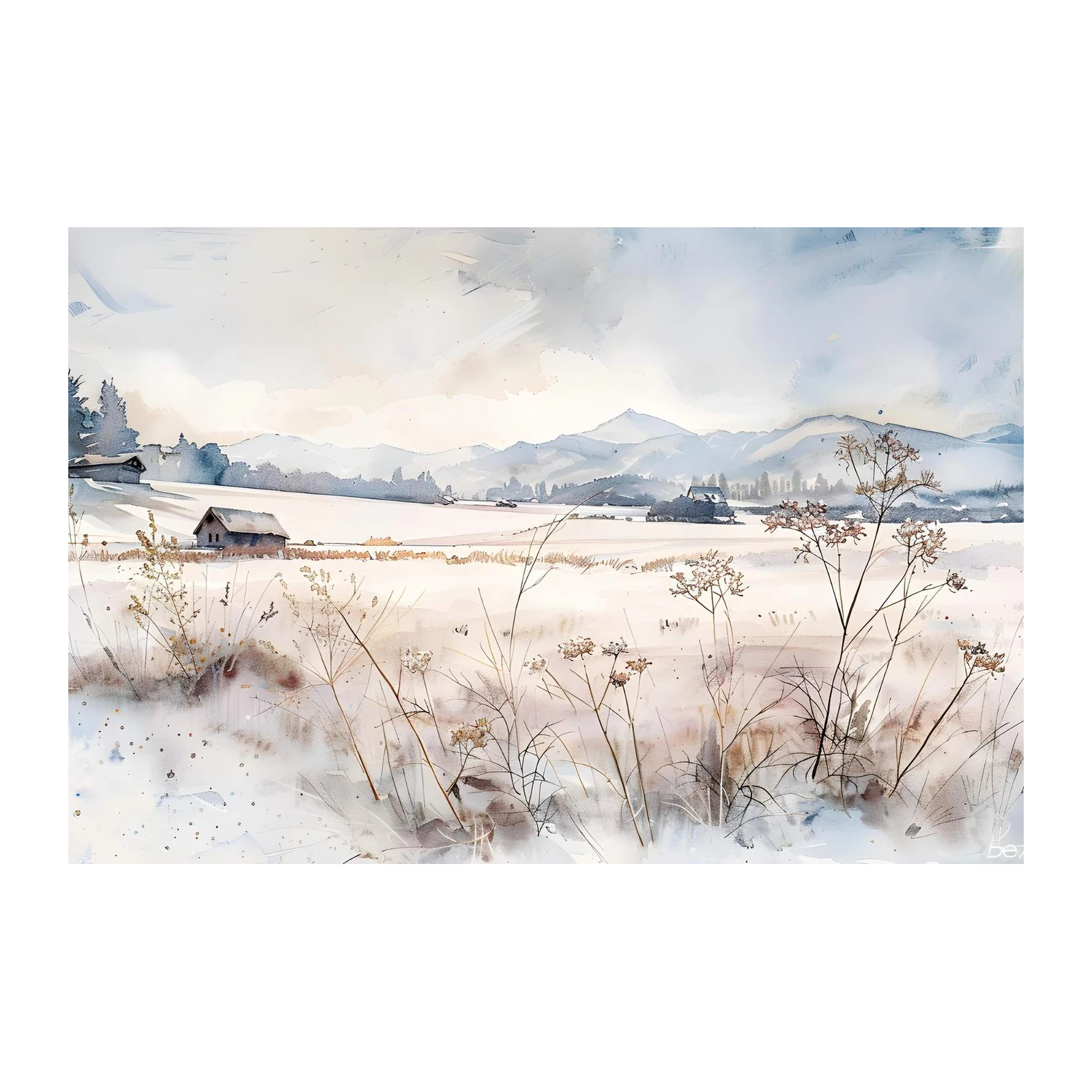Serene Winter Landscape Watercolor Wall Art
