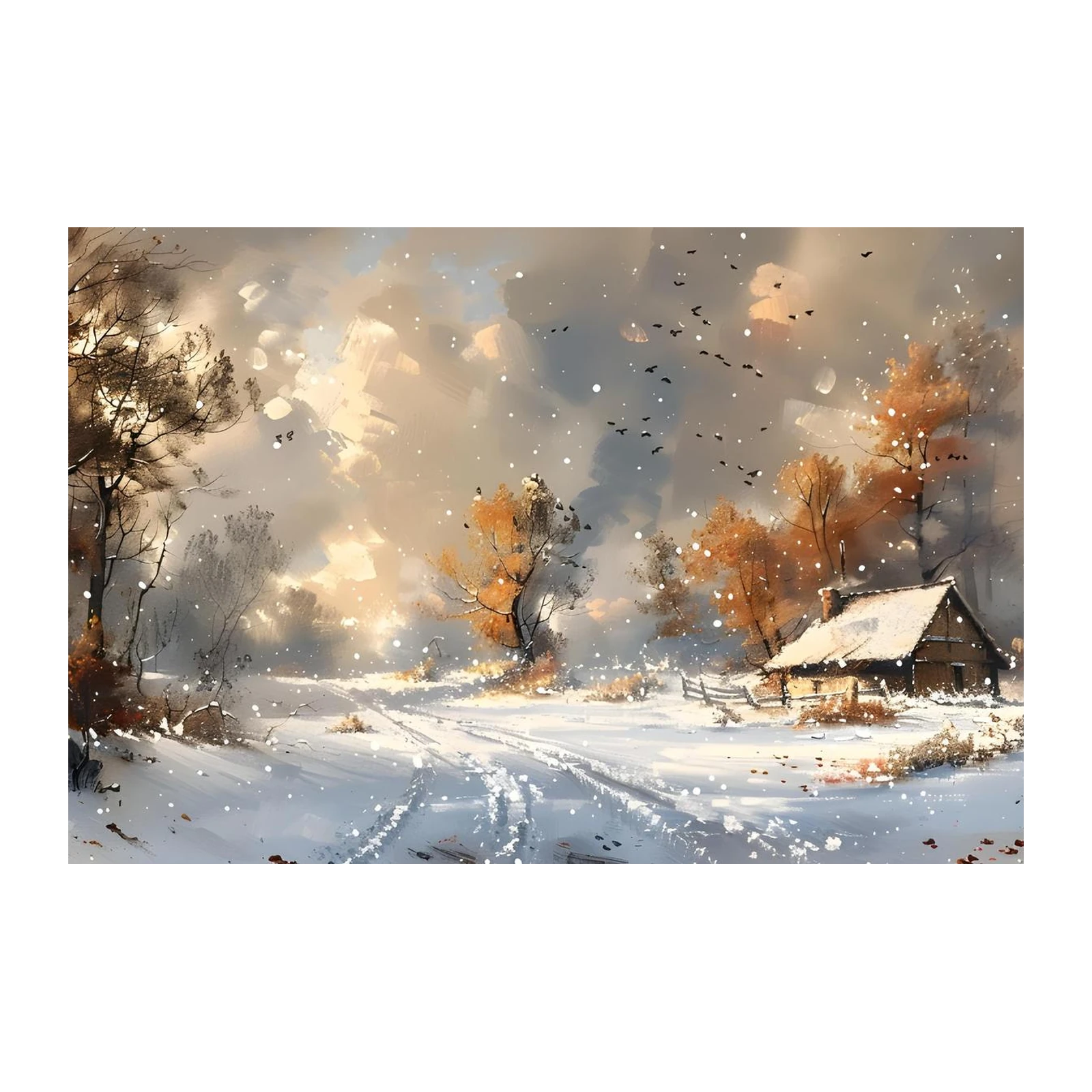 Cozy Winter Cabin Snowfall Landscape Wall Art