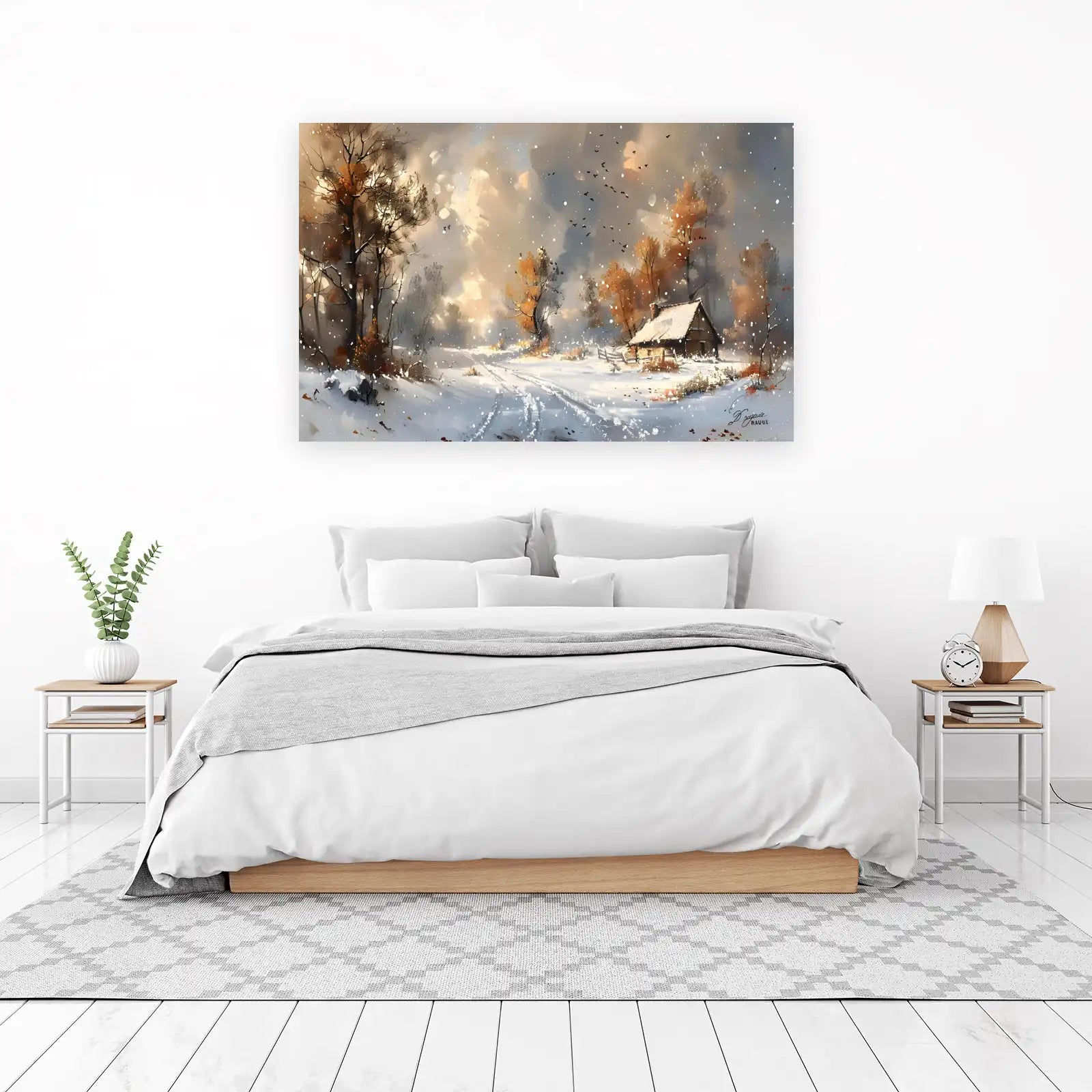 Cozy Winter Cabin Snowfall Landscape Wall Art