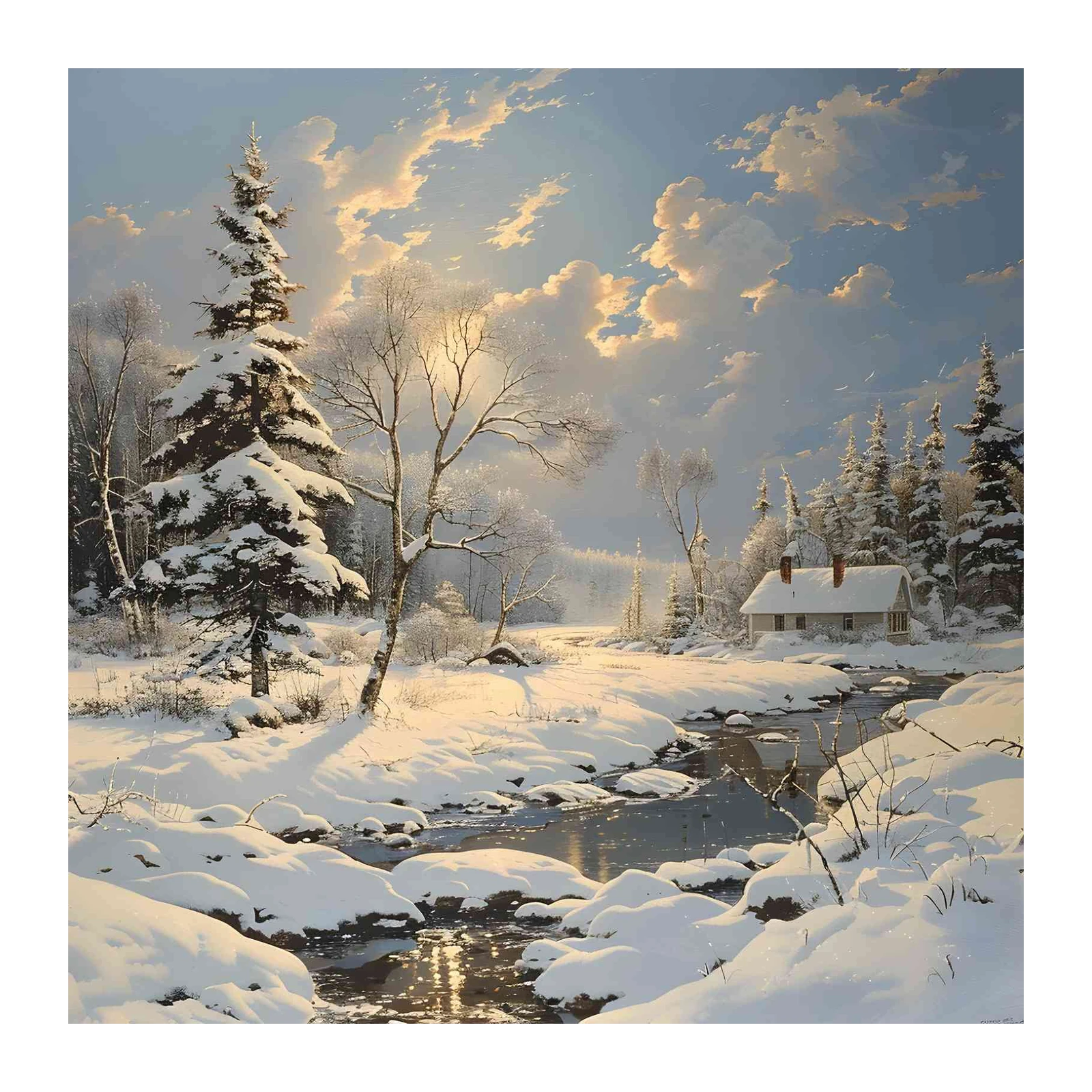 Serene Winter Cabin Landscape Wall Art