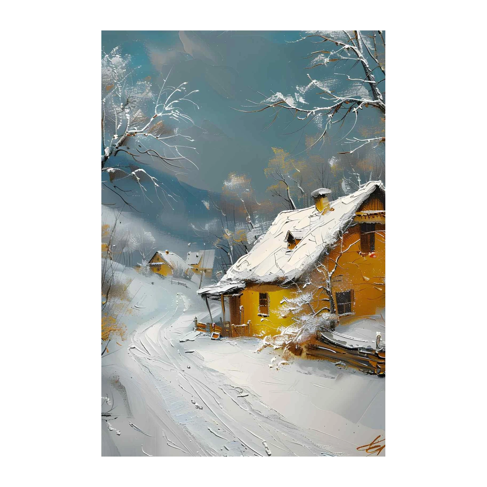 Cozy Winter Cabin Yellow House Wall Art