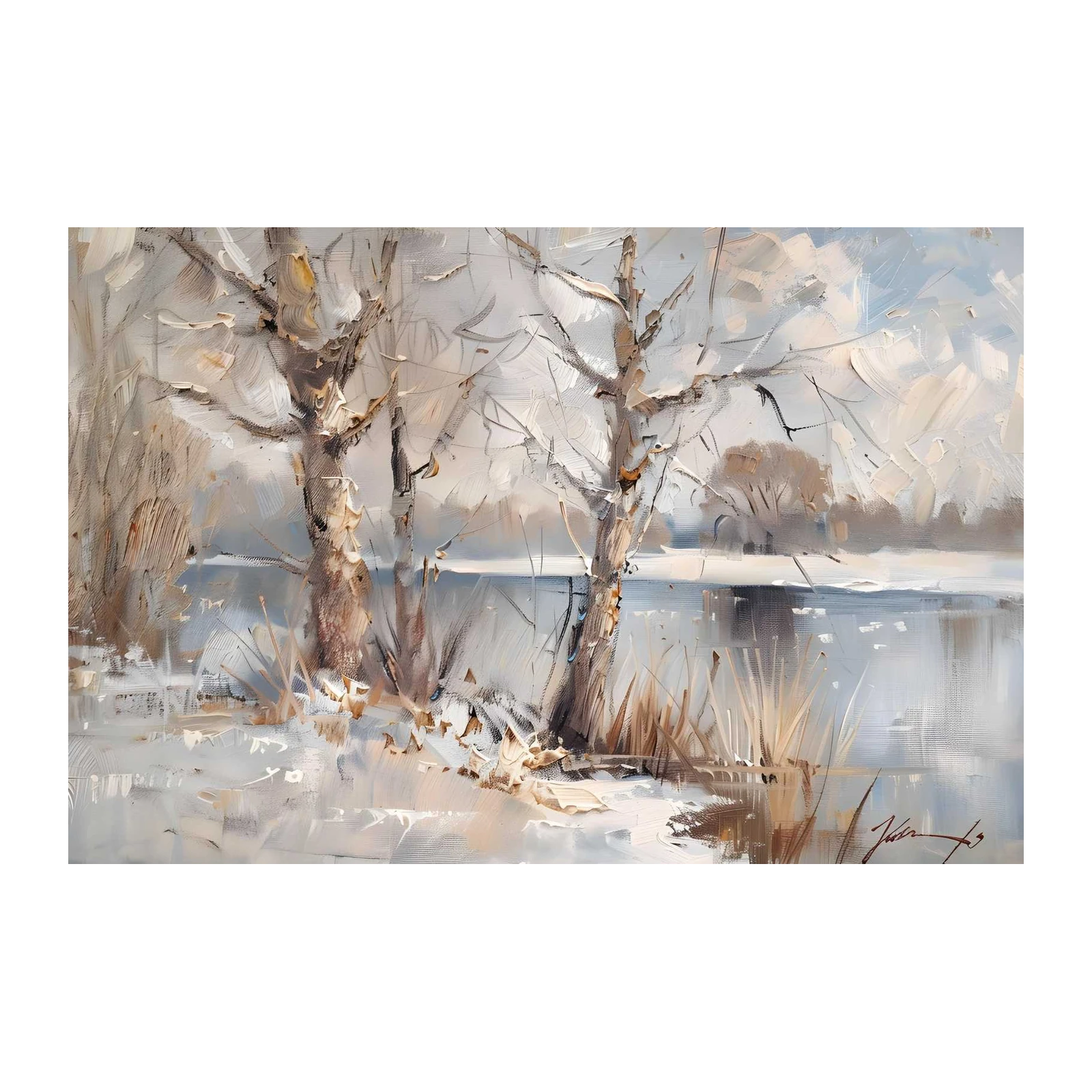 Serene Winter Lake Trees Oil Painting Wall Art