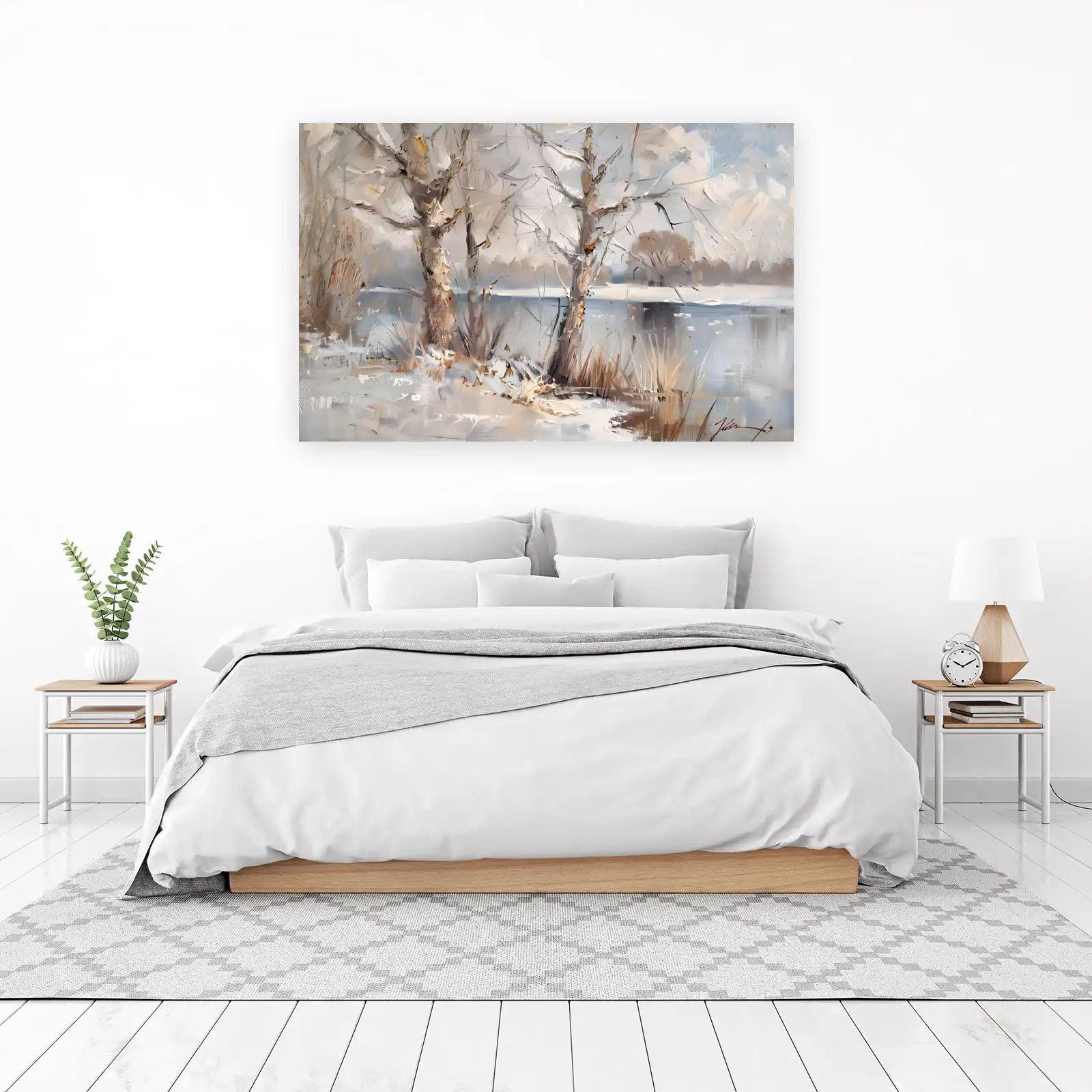 Serene Winter Lake Trees Oil Painting Wall Art