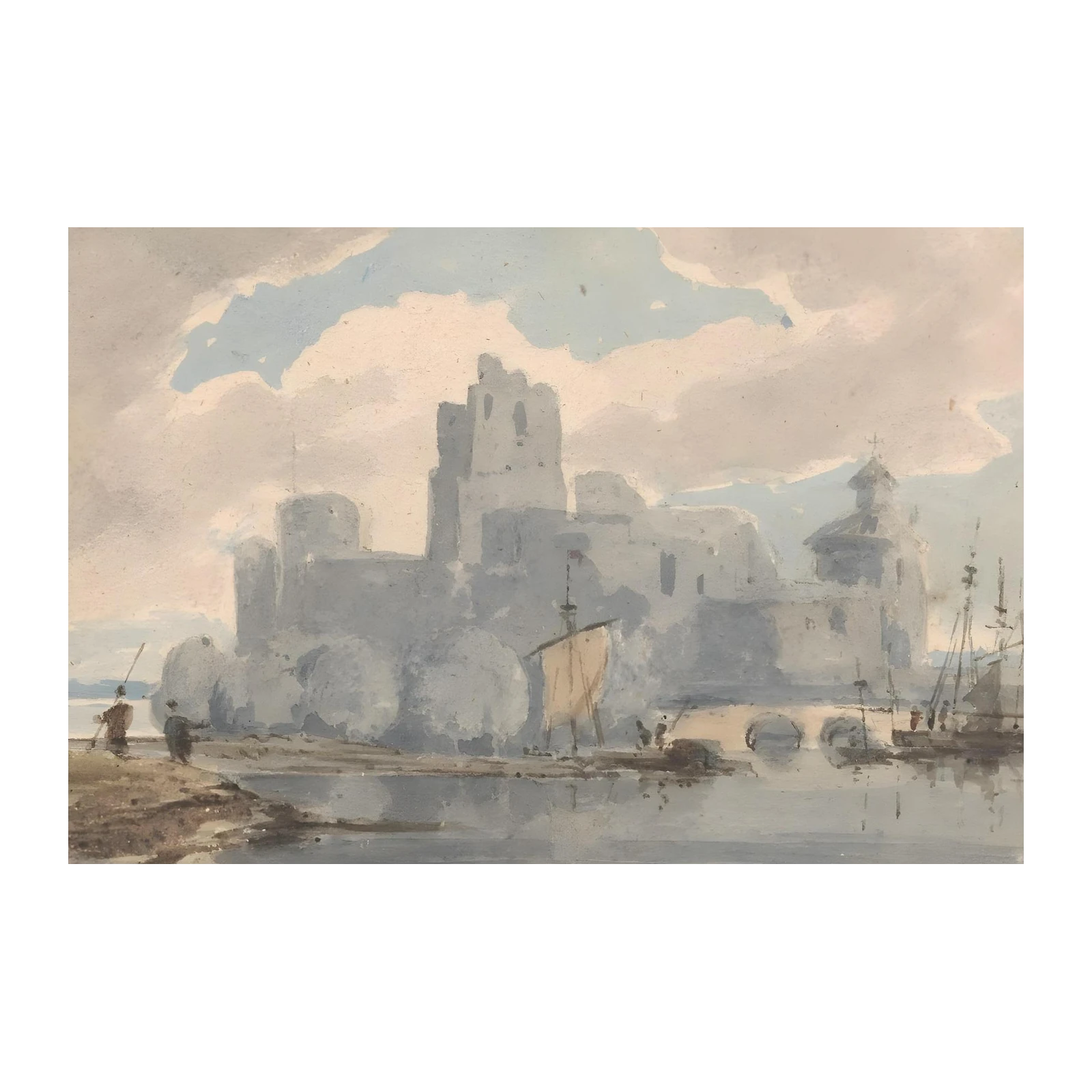 Serene Castle & Harbor Watercolor Wall Art