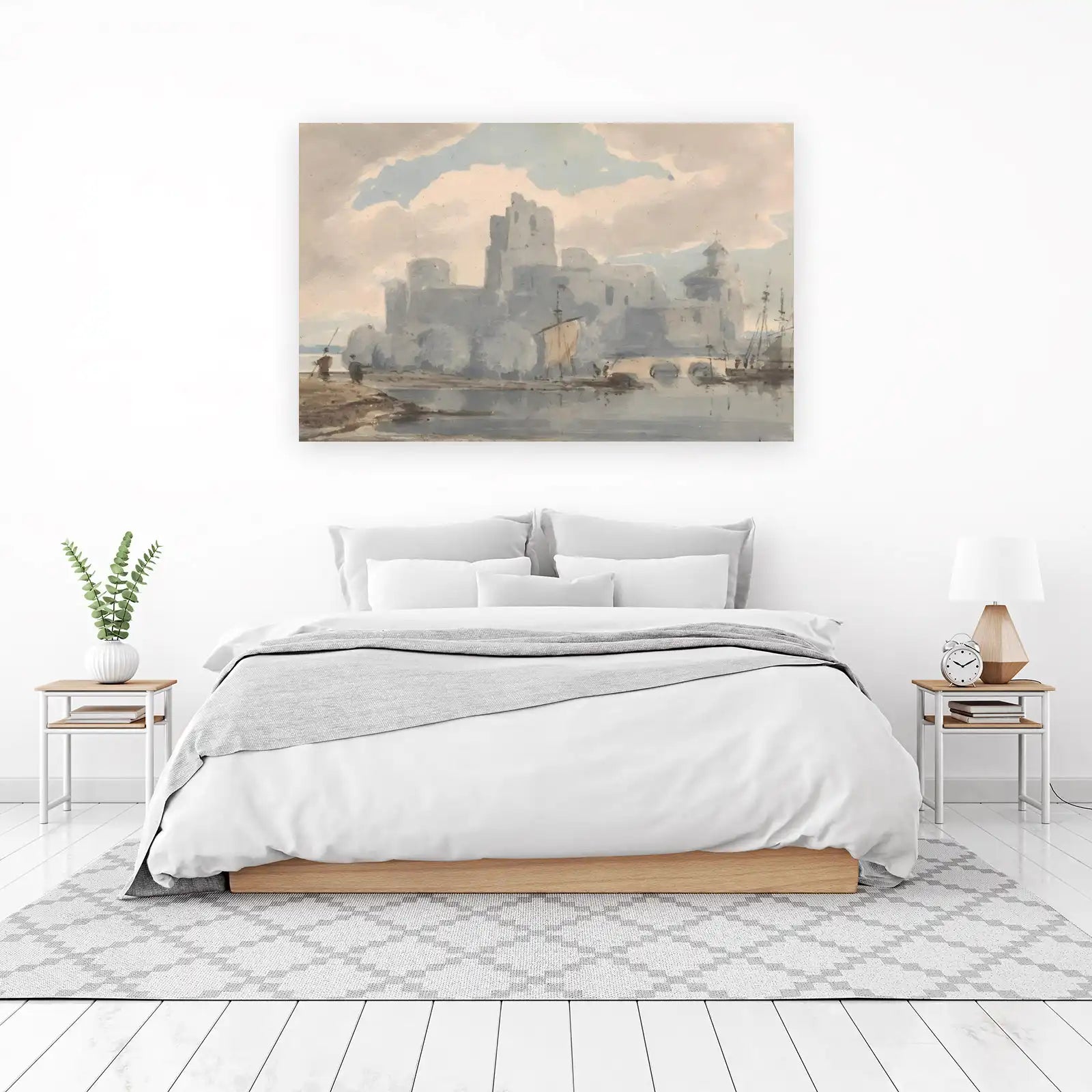 Serene Castle & Harbor Watercolor Wall Art