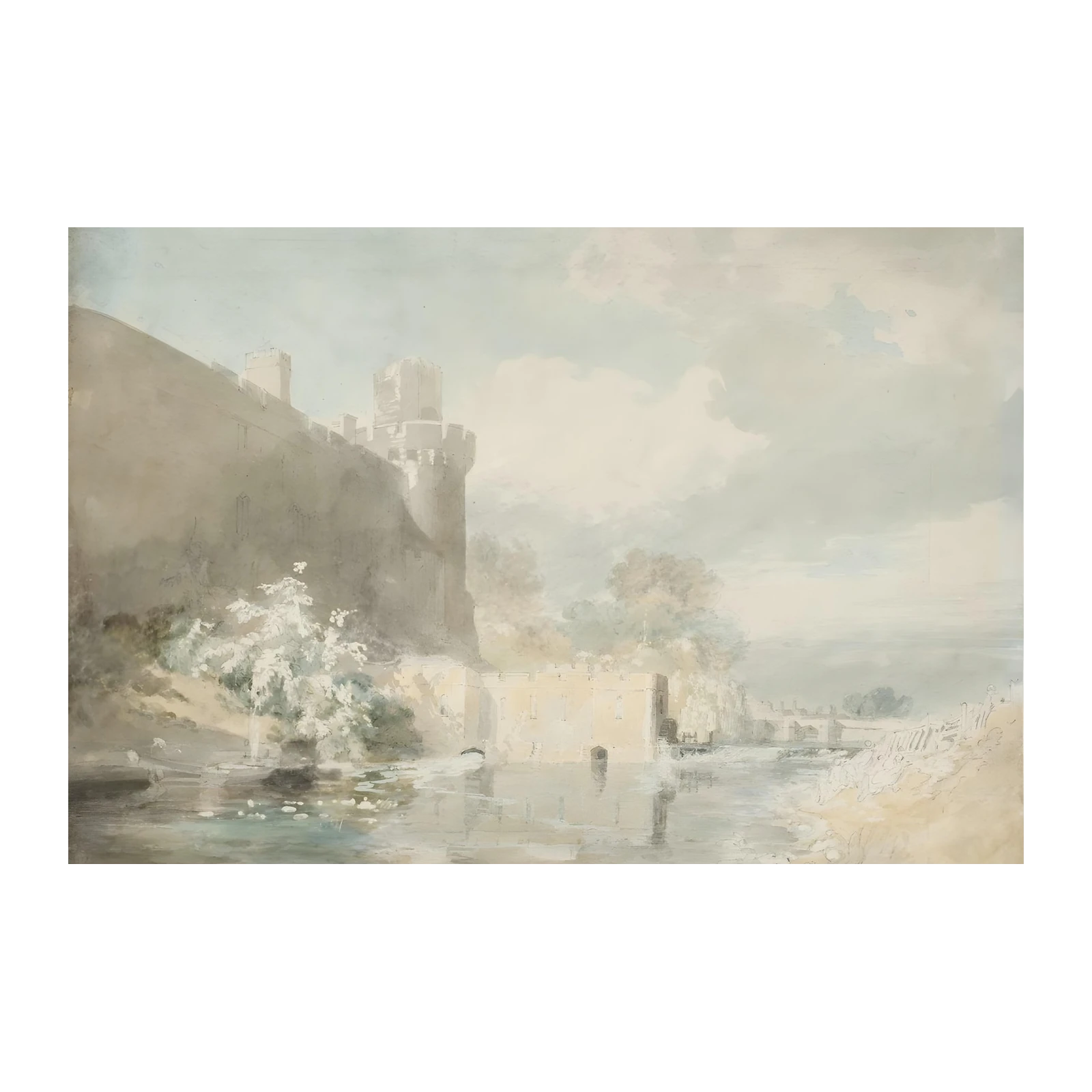 Serene Castle Landscape Watercolor Wall Art