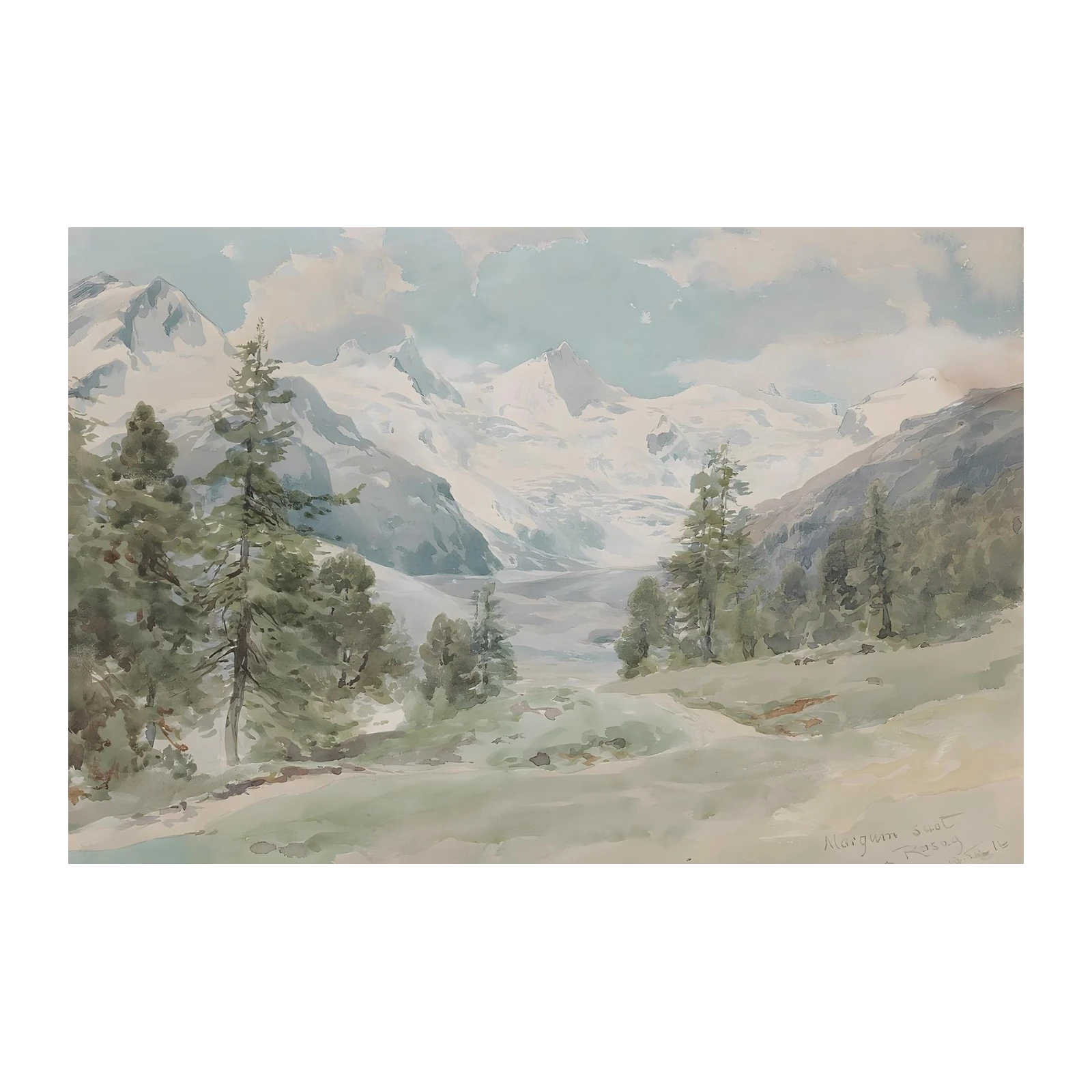 Serene Alpine Landscape Watercolor Wall Art
