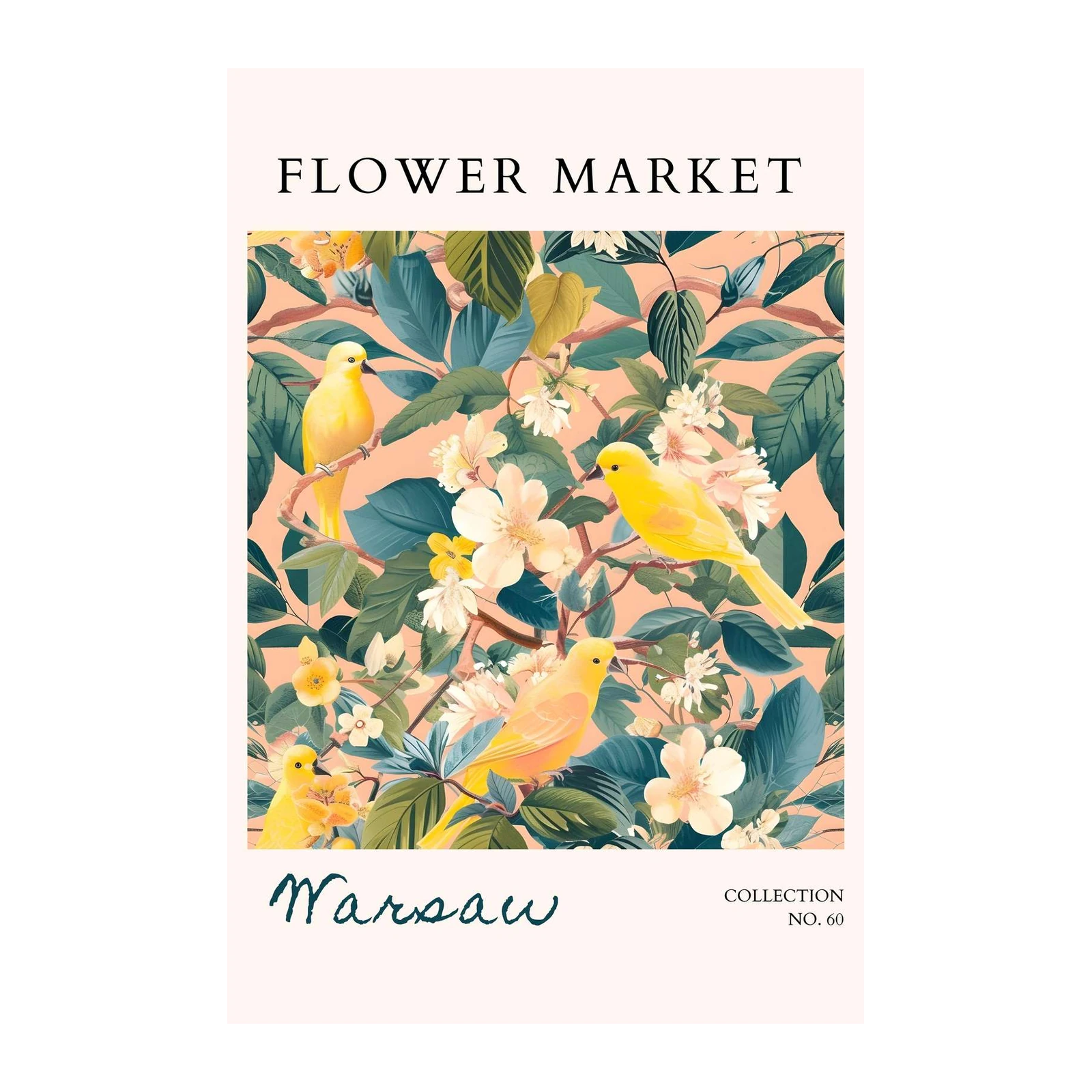 Vibrant Yellow Birds Floral Market Wall Art