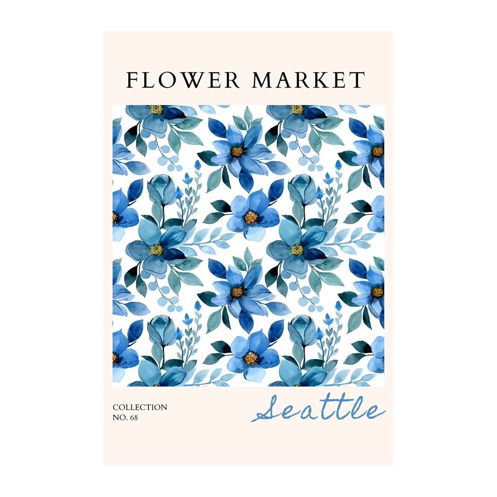 Seattle Blue Floral Watercolor Wall Art