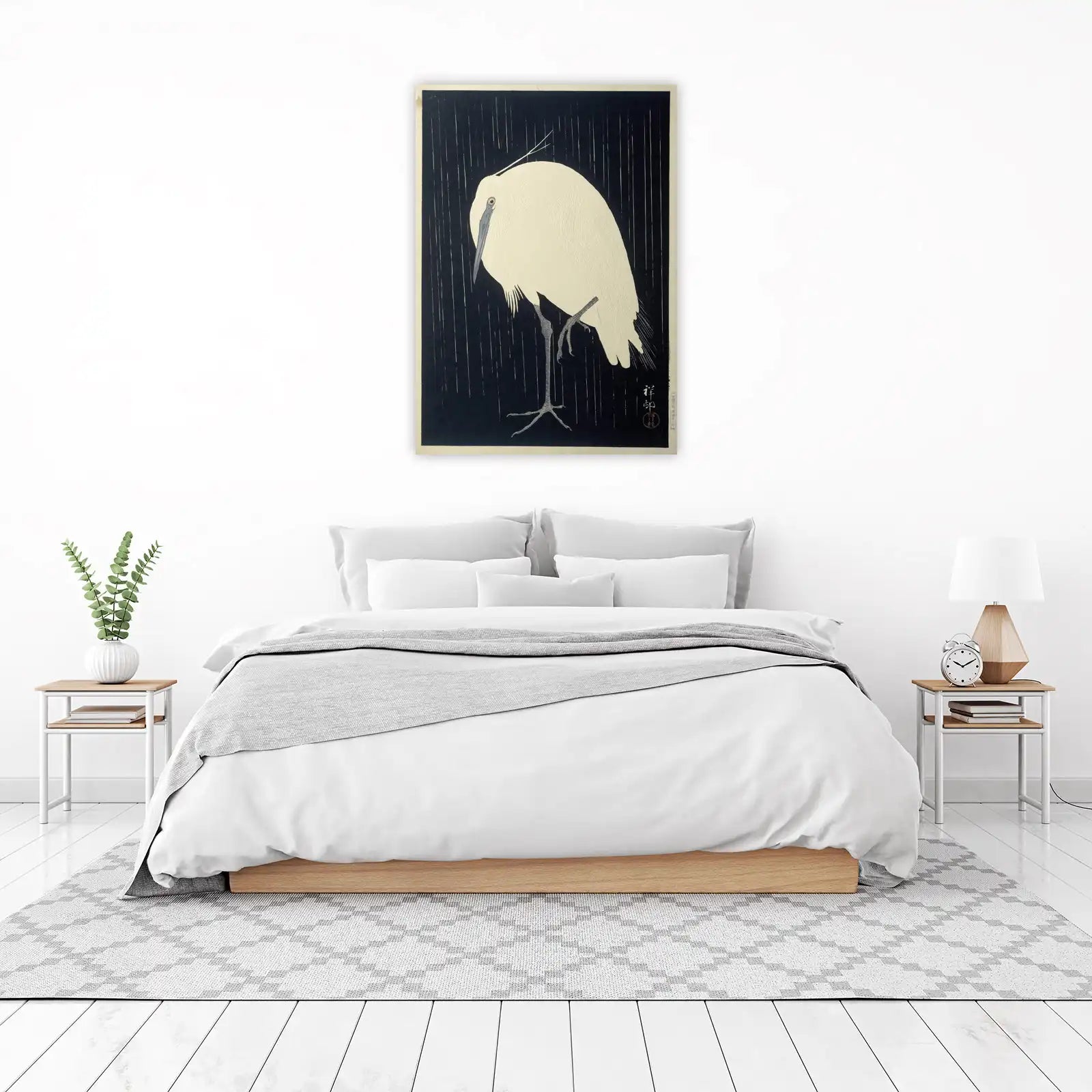 Serene White Crane in Rain Wall Art