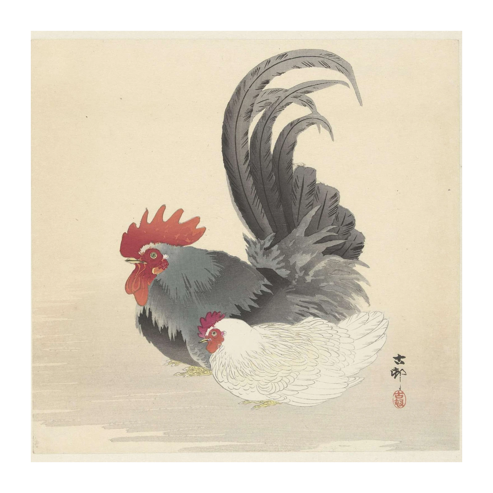 Elegant Rooster & Hen Folk Art Wall Art