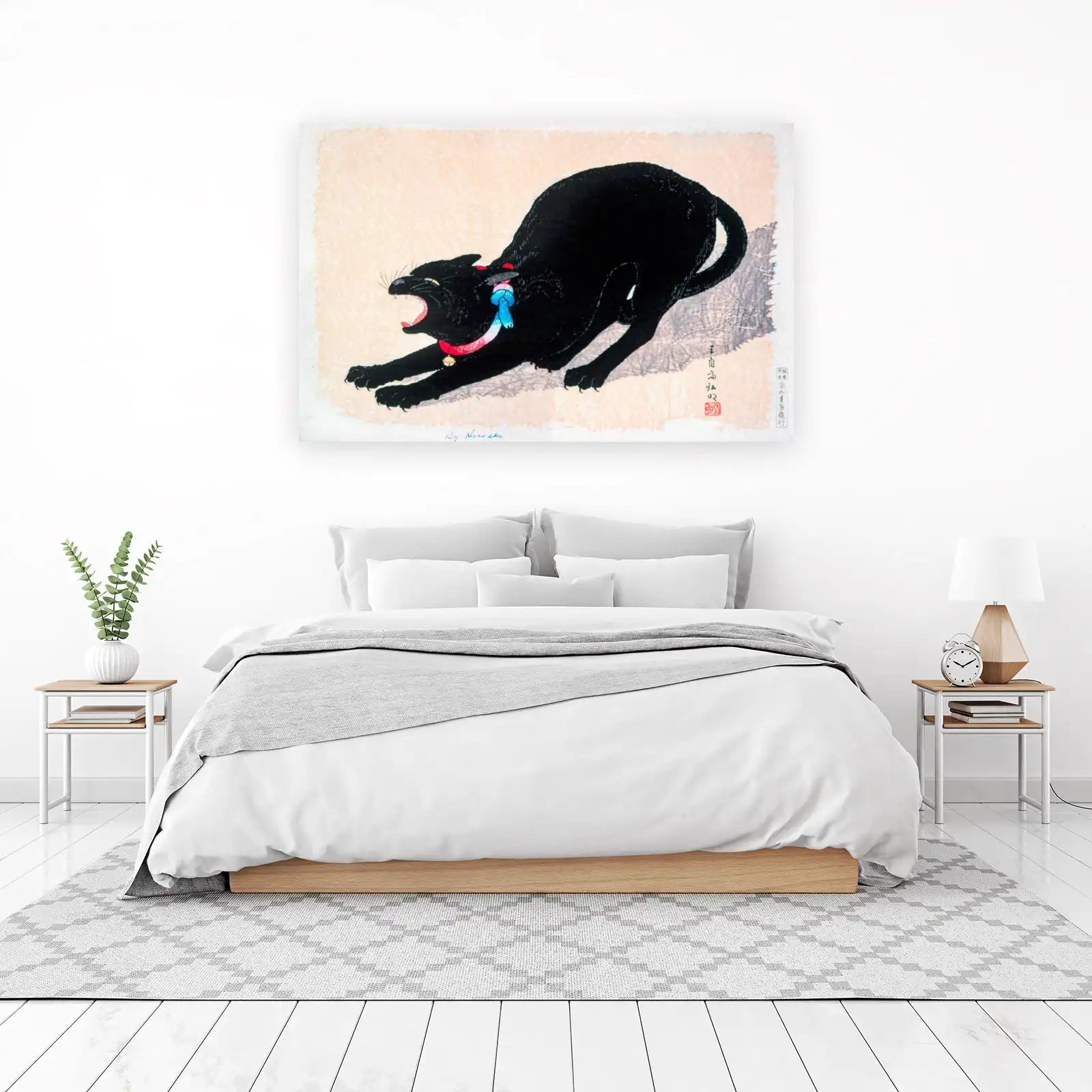 Japanese Black Cat Yawning Wall Art