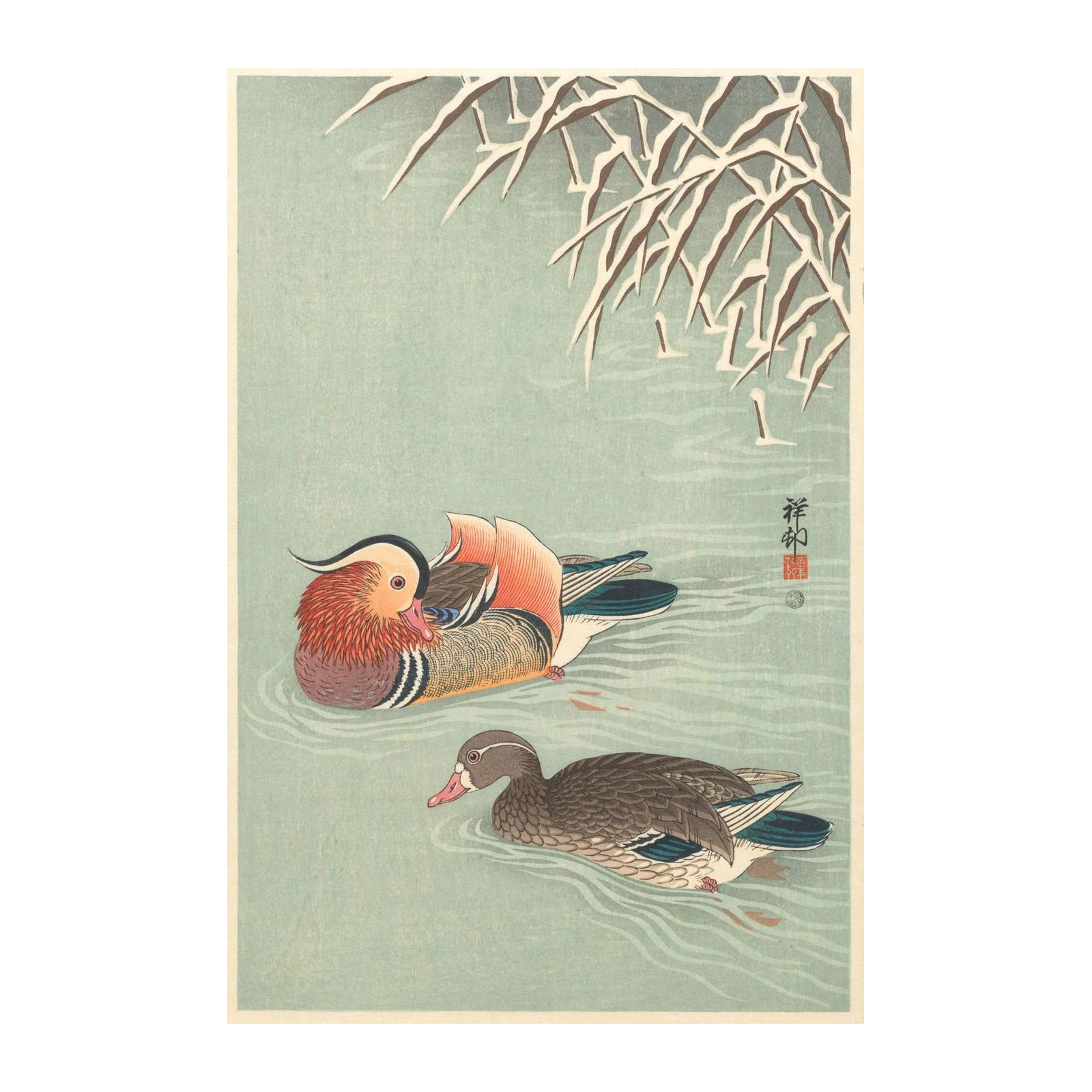 Tranquil Mandarin Ducks Winter Scene Wall Art