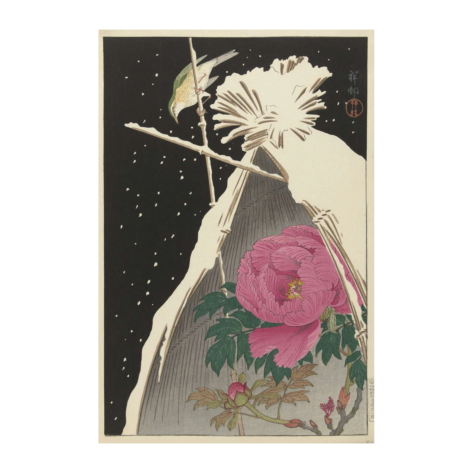 Vibrant Peony & Bird Snow Wall Art