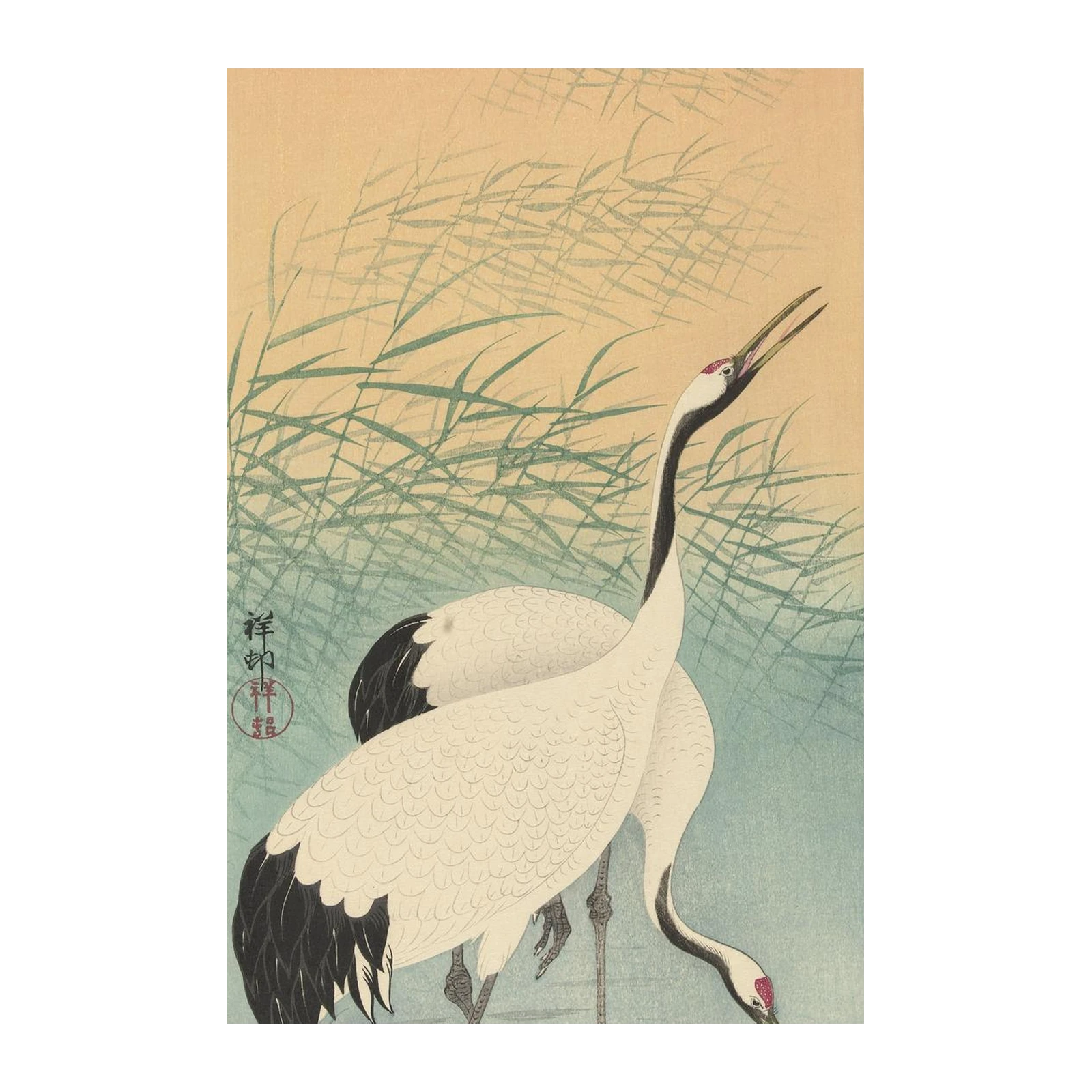 Serene Cranes in Reeds Japanese Art Wall Art